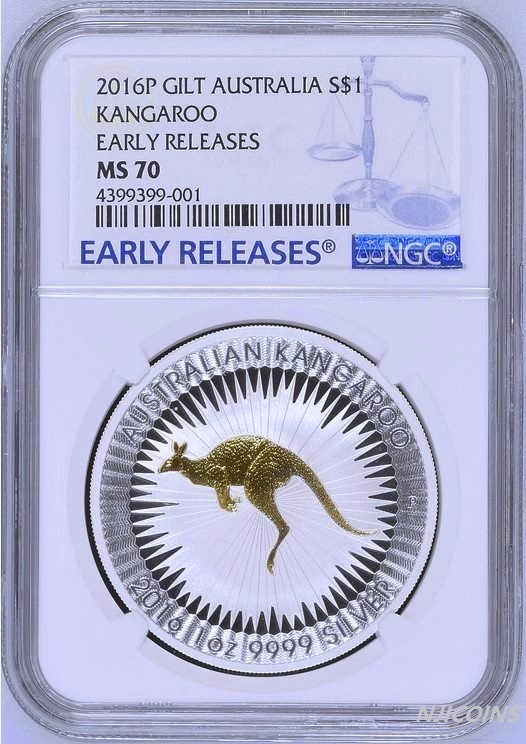 2016 P Australia GILDED Silver Kangaroo NGC MS 70 1 oz Coin w/OGP gilt ER LABEL