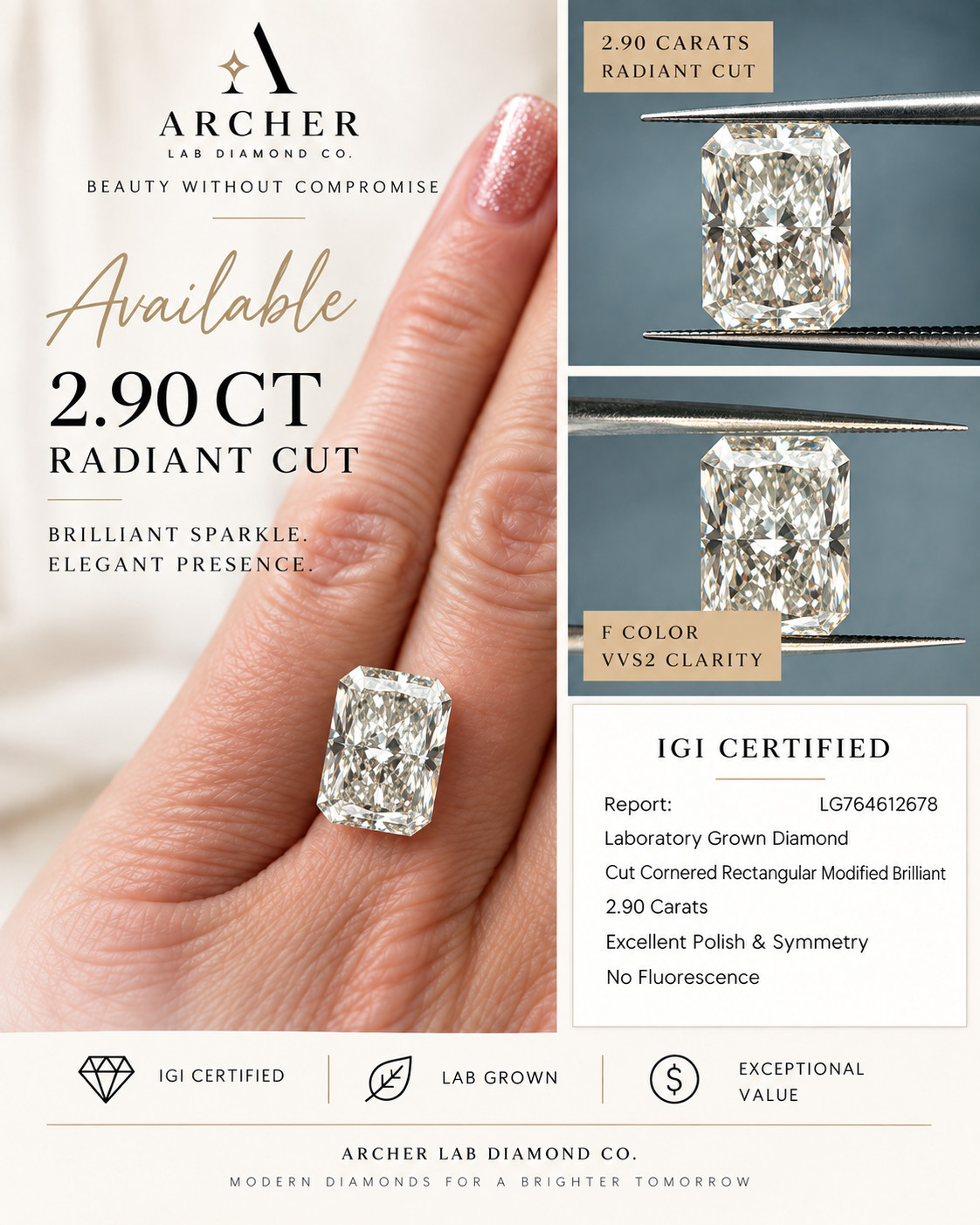 2.90 CT Radiant Lab Grown Diamond F VVS2 IGI Certified Loose CVD