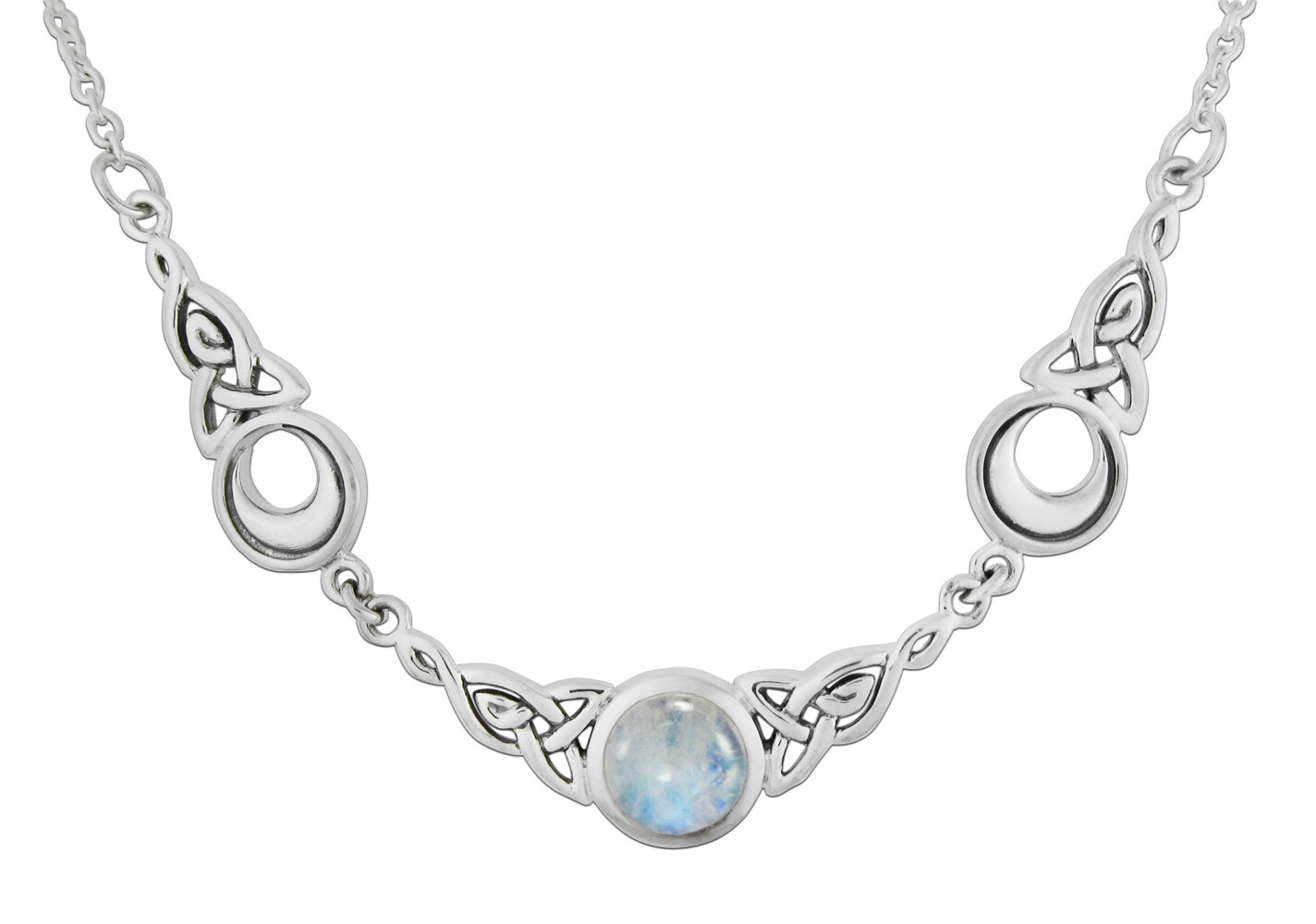 Crescent Moon Celtic Knot Triquetra Rainbow Moonstone Wicca Goddess Necklace