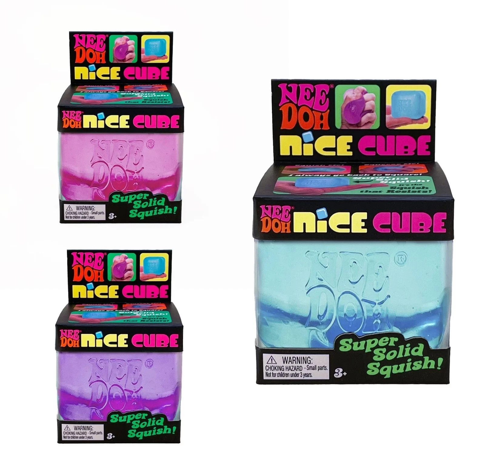 3 PACK Nee Doh Nice Cube Super Solid Squish - Blue Purple Pink - Brand New 3 PACK Nee Doh Nice Cube Super Solid Squish - Blue Purple Pink - Brand New