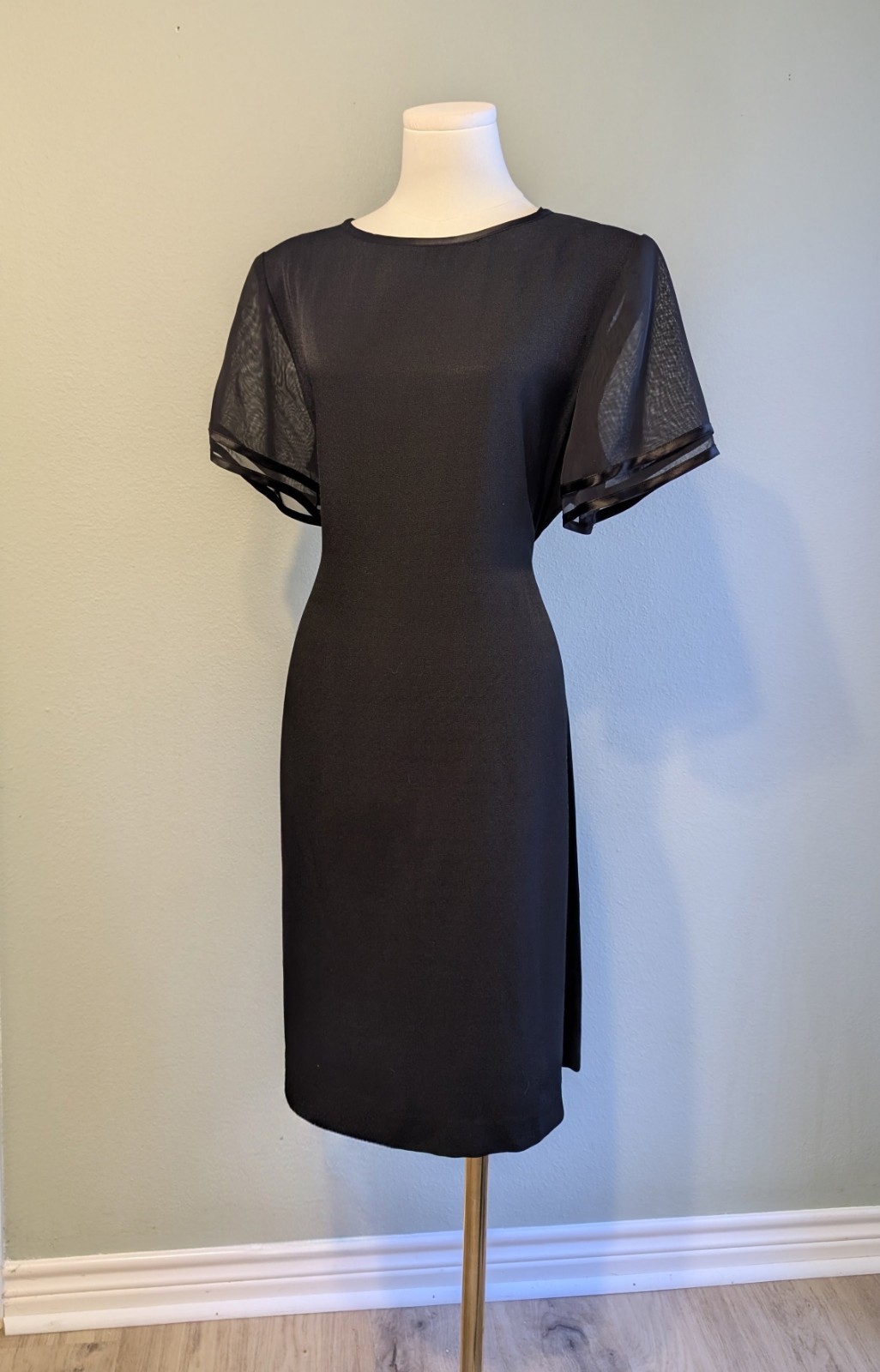 Jeffrey Dara Vintage 90s Black Dress Size 14 Tie Back Sheer Sleeve Minimalist