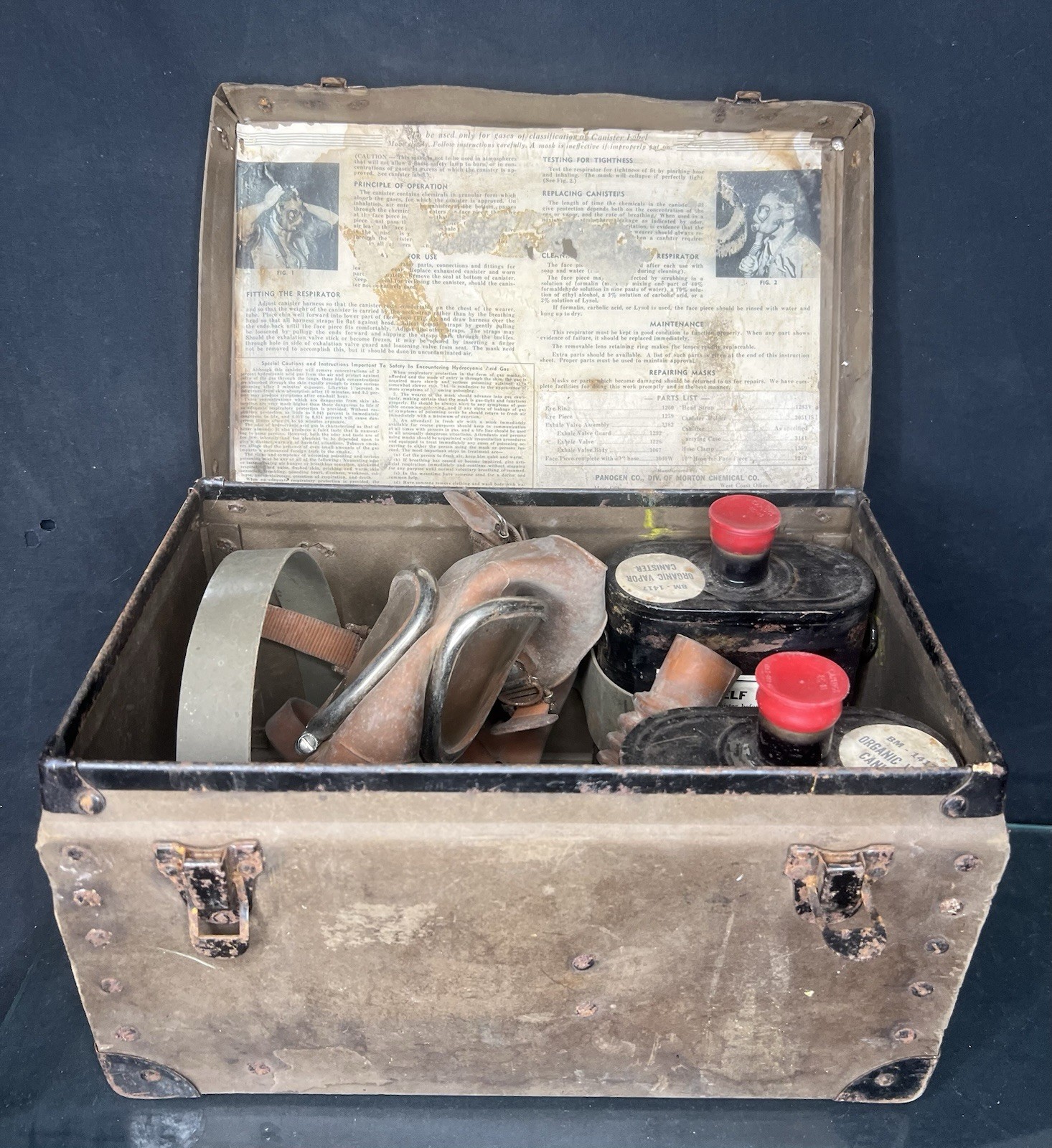VTG 1940s-50s Panogen/ Morton Chemical Co. COMPLETE Respirator Kit In Trunk VTG 1940s-50s Panogen/ Morton Chemical Co. COMPLETE Respirator Kit In Trunk