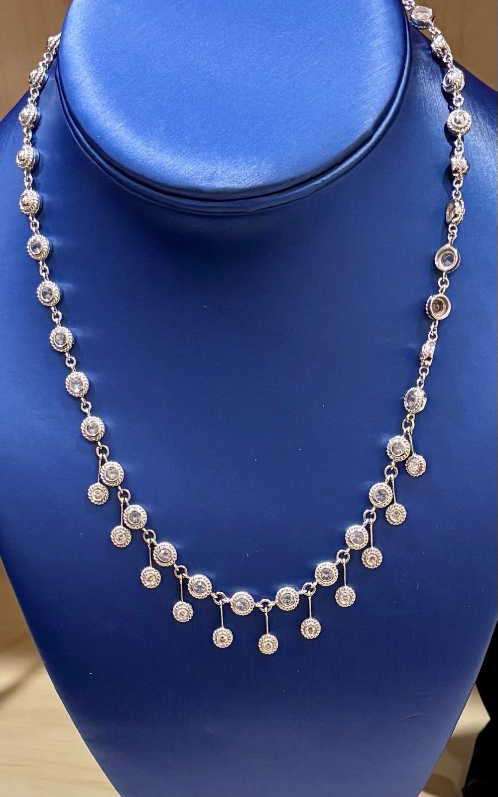 14K Solid White Gold Dangling Diamonds Necklace, 31.5 Grams Of Gold 