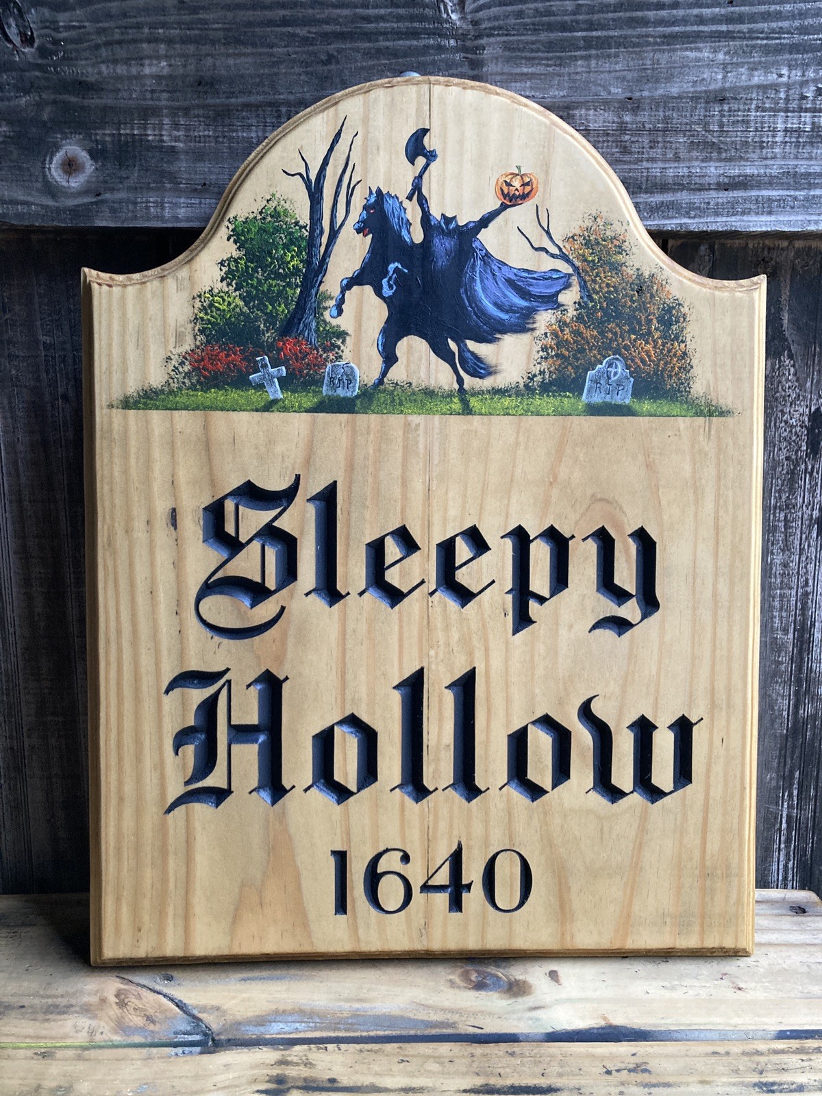 Halloween Sleepy Hollow Wooden Sign Painting Carved Colonial Rustic Antique Look