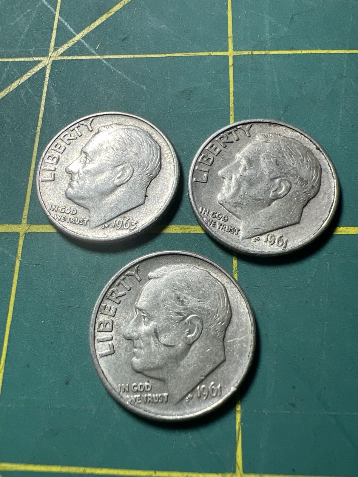 Lot Of 3 - 90% Silver Roosevelt Dimes Pre 1964 Random Dates Good Condition Lot Of 3 - 90% Silver Roosevelt Dimes Pre 1964 Random Dates Good Condition