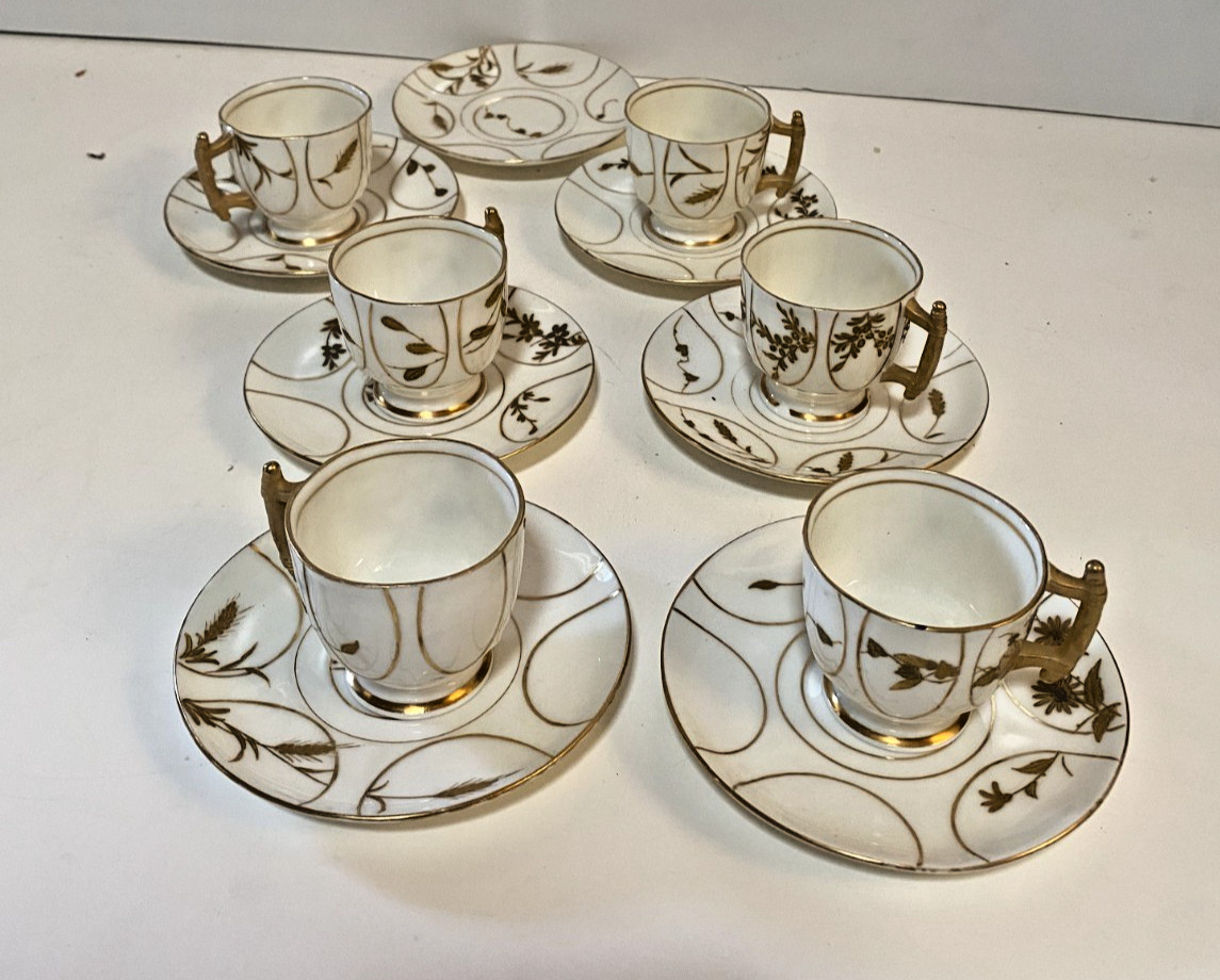 Antique Willets Belleek Porcelain Teacups Saucers Set 6 Cups 7 Saucers Gold Trim