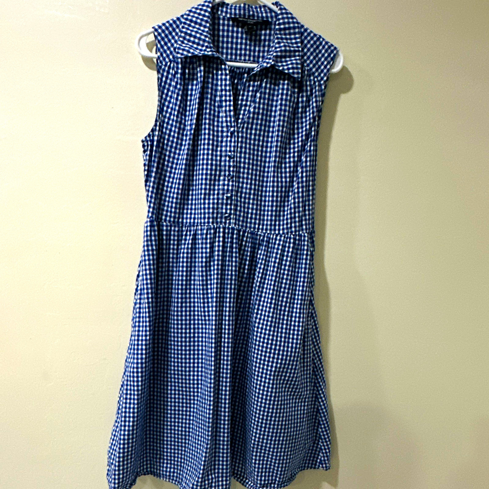 French Connection Women’s M Blue/White Gingham Sleeveless Collared Shirt Dress
