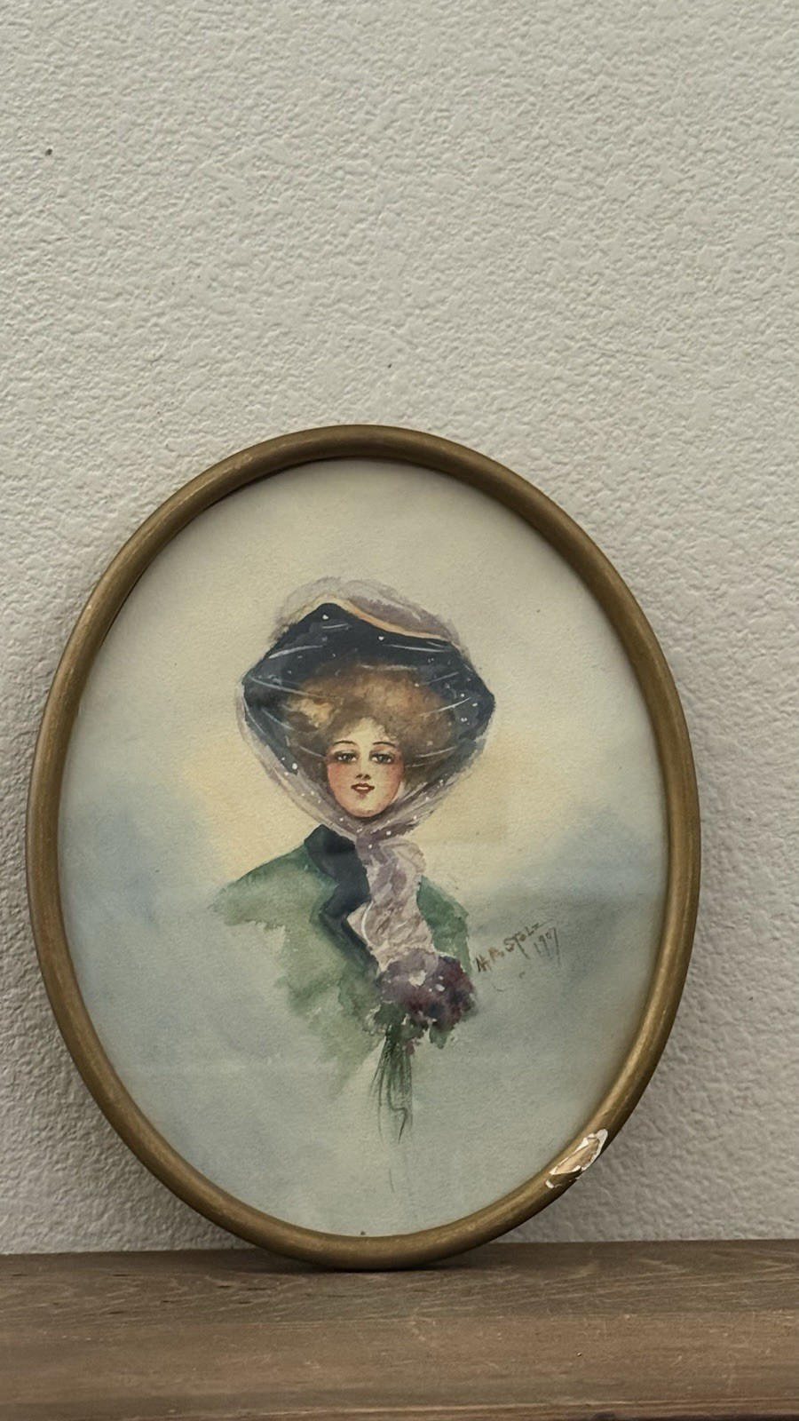 Antique Original Watercolor Edwardian Lady Oval Frame 11”x8.5” Signed 1907 Antique Original Watercolor Edwardian Lady Oval Frame 11”x8.5” Signed 1907