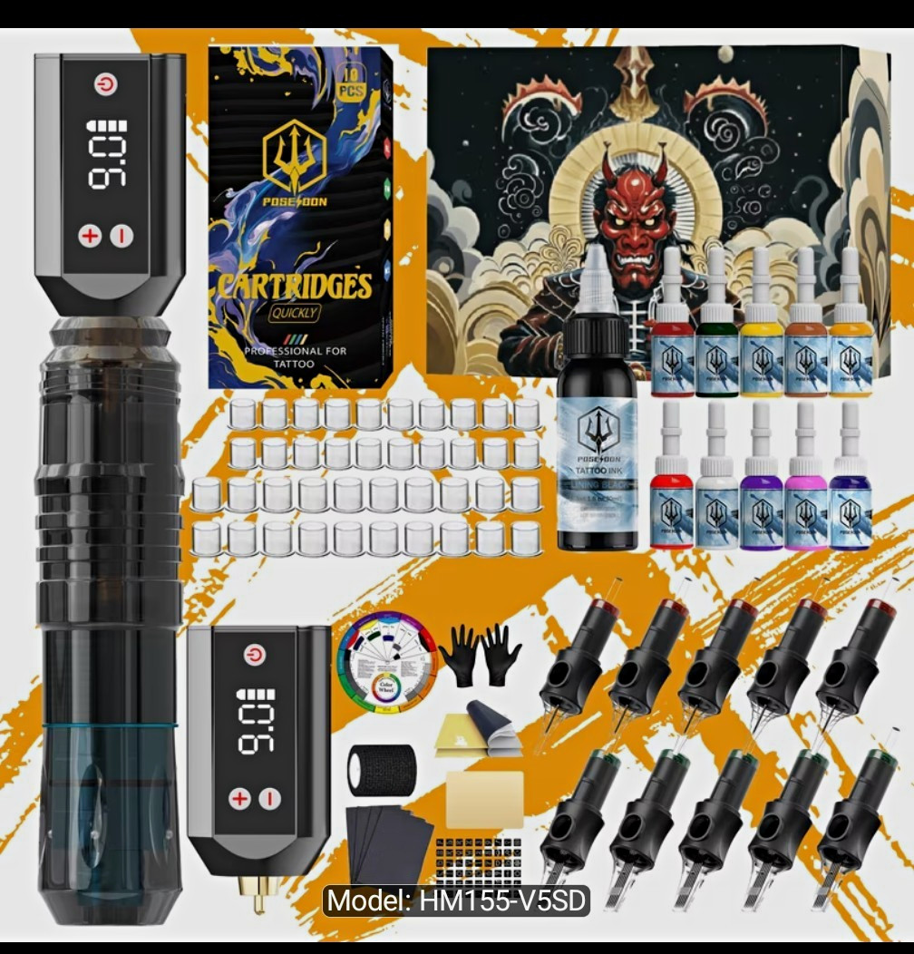 Poseidon Complete Rotary Tattoo Pen Kit - Starter Set Guns Ink Needles New