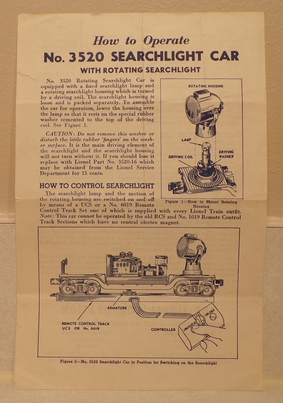 Lionel Postwar No. 3520-33 Original Instructions for Searchlight Car Dated 5/52