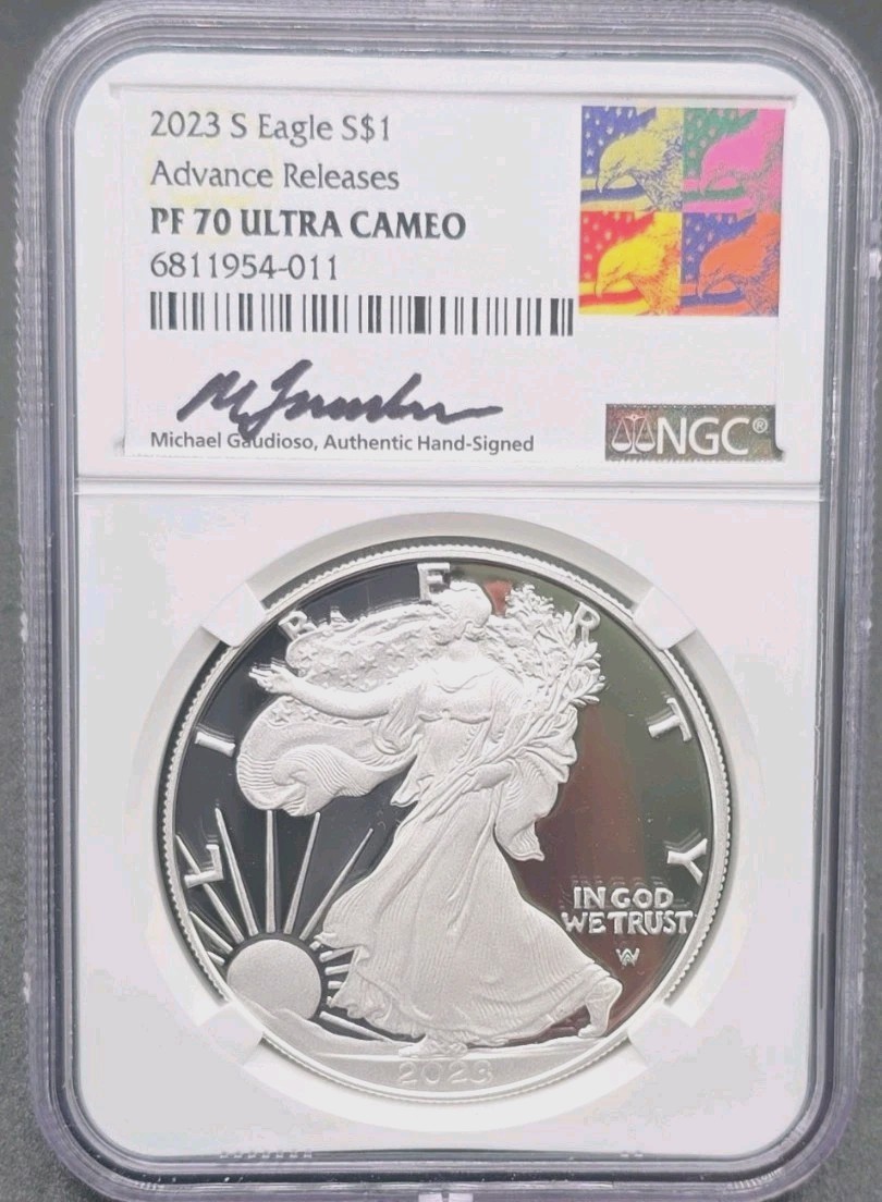 2023-S Proof Silver Eagle NGC PF70 Ultra Cam Advance Release Gaudioso Signed AEF