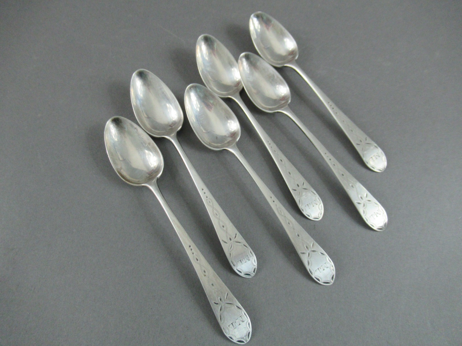 Antique Set of Engraved Silver Teaspoons Daniel Bloom Coen, NY, NY 1787-1805