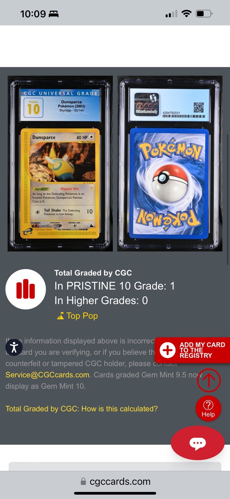 2003 Pokemon Skyridge #53/144 Dunsparce CGC 10 PRISTINE 2003 Pokemon Skyridge #53/144 Dunsparce CGC 10 PRISTINE