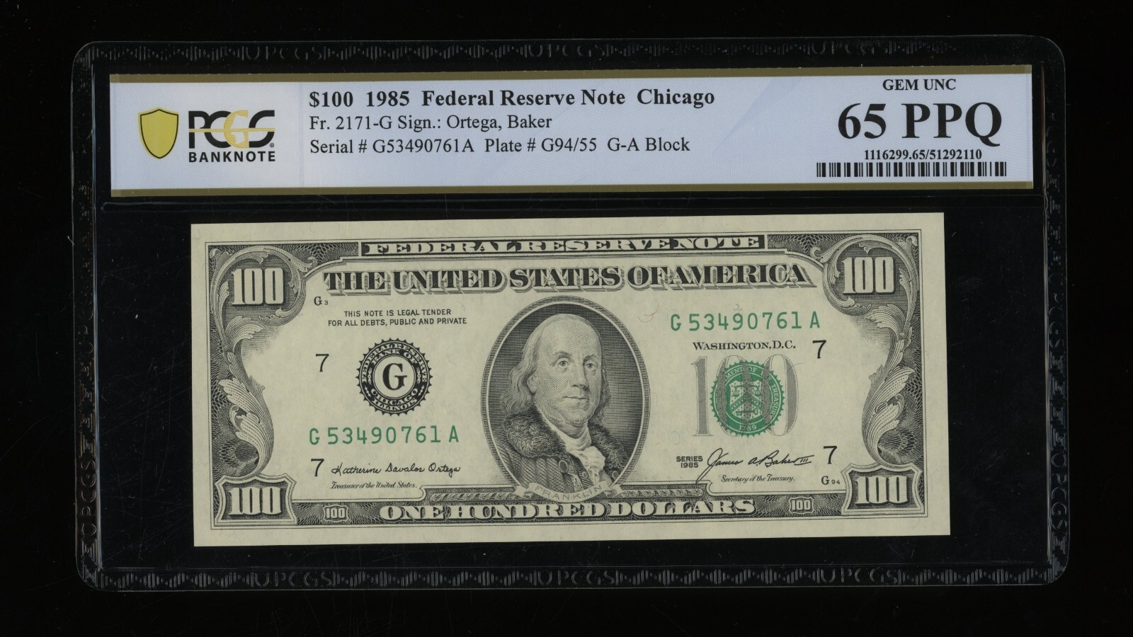 DBR 1985 $100 FRN Chicago Gem Fr. 2171-G PCGS-B 65 PPQ Serial G53490761A