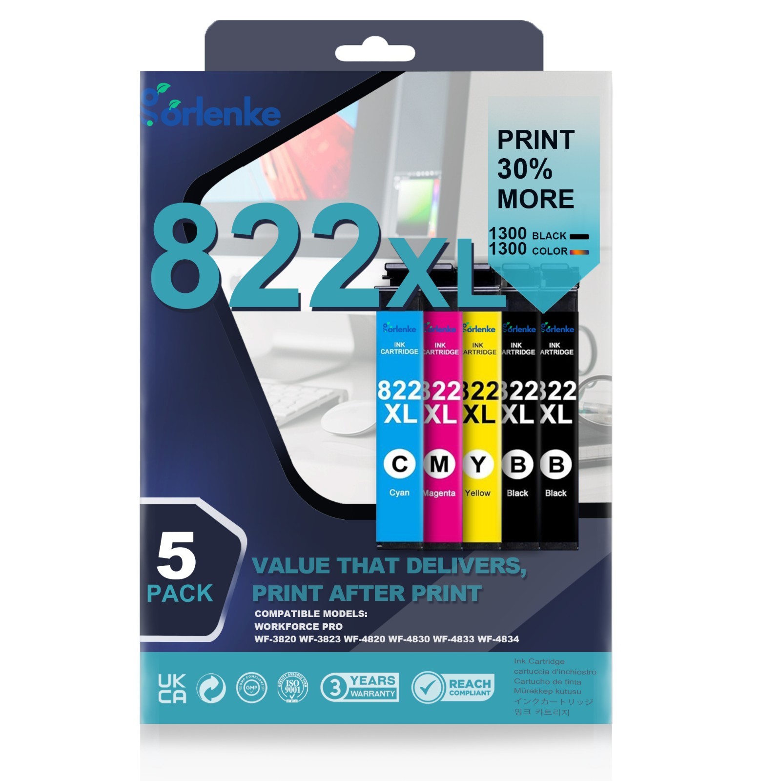 5PK 822XL Ink Cartridges For Epson WF-3820 WF-4820  WF-3823 WF-4830