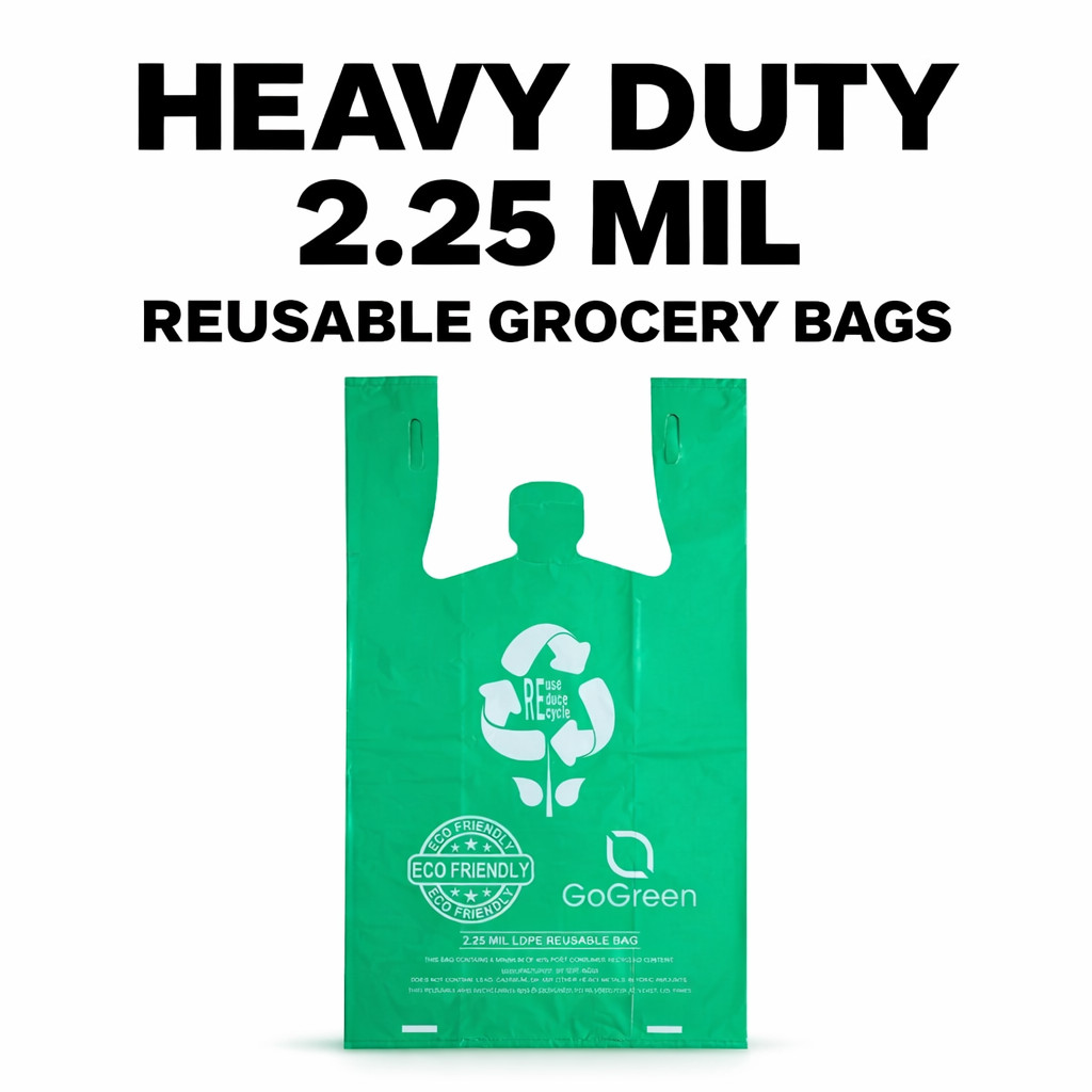 Reusable Grocery Bags 2.25 Mil Heavy Duty Green T-Shirt Bags 1/6 Size Bulk Reusable Grocery Bags 2.25 Mil Heavy Duty Green T-Shirt Bags 1/6 Size Bulk