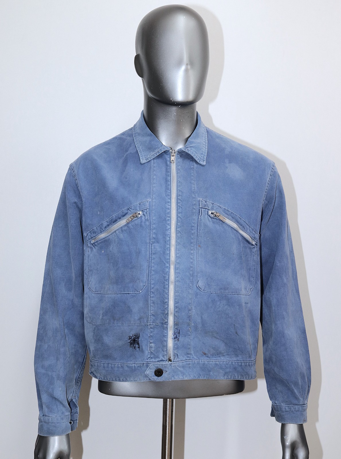 French 1950s Blue Faded & Stained Cotton Cyclist Work Jacket ADOLPHE LAFONT Sz L