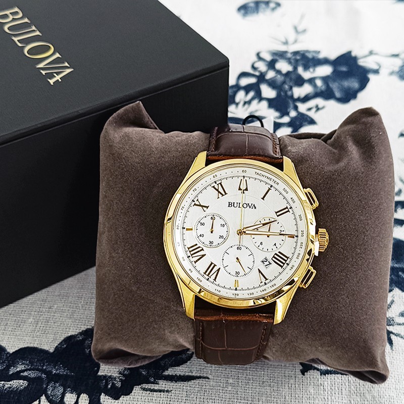 Bulova Classic Wilton White Dial Brown Leather Men\'s Quartz Watch 46.5mm(97B169)