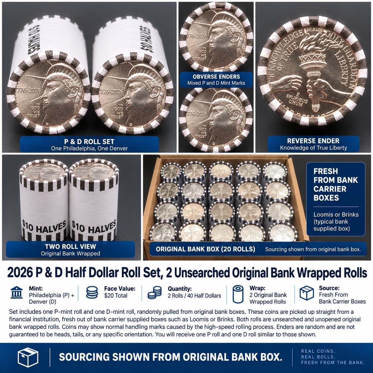 2026 Enduring Liberty Half Dollar P&D 2 Roll Set OBW Bank Rolls Unopened UNC