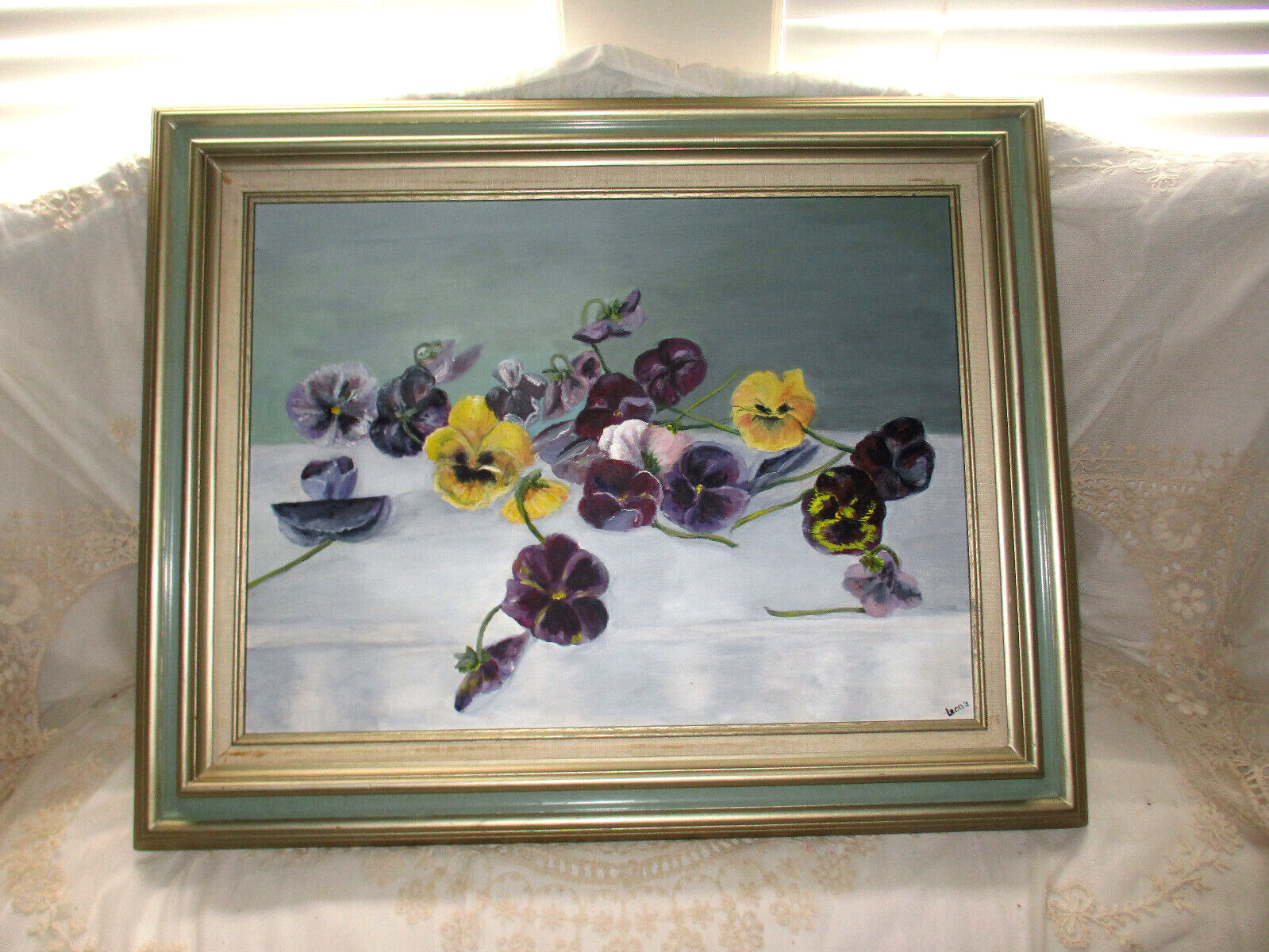 GORGEOUS  Large Signed Original Oil on Canvas Yellow and Purple Violets 31 x 25