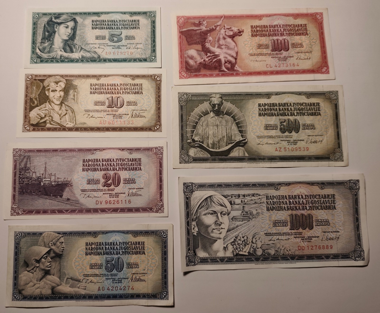 Yugoslavia 7 Banknotes '68-'81 - Complete Edition - 5 to 1,000 Dinars aUNC