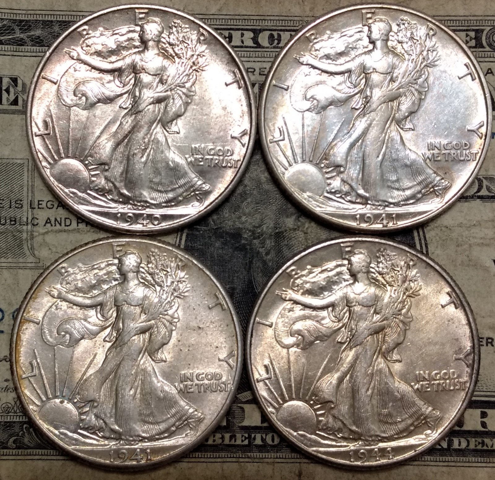 1940 1941 1941-D & 1944 AU-UNC Walking Liberty Half Dollars