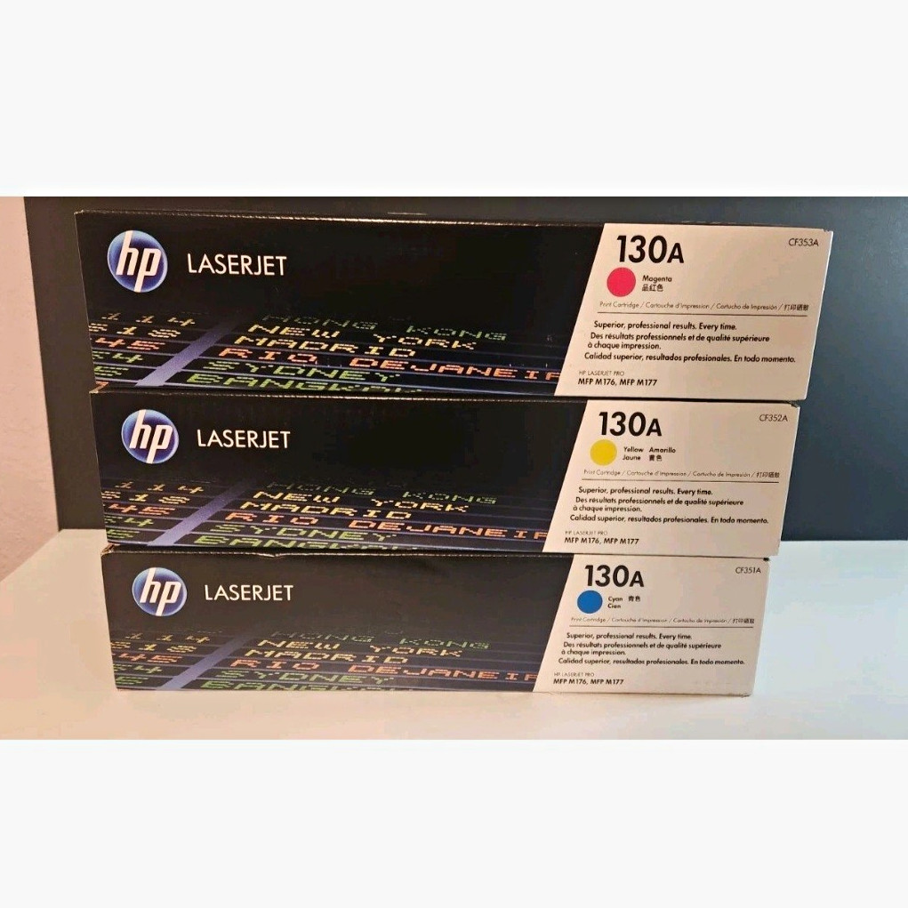 HP 130A Original LaserJet Toner Cartridge (CF351A/52A/53A) - 3 Pack C/Y/M HP 130A Original LaserJet Toner Cartridge (CF351A/52A/53A) - 3 Pack C/Y/M