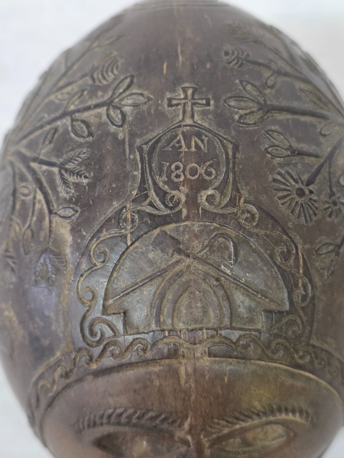 Very Nice Antique French Bugbear Carved Coconut Powder Flask Dated 1806 Very Nice Antique French Bugbear Carved Coconut Powder Flask Dated 1806