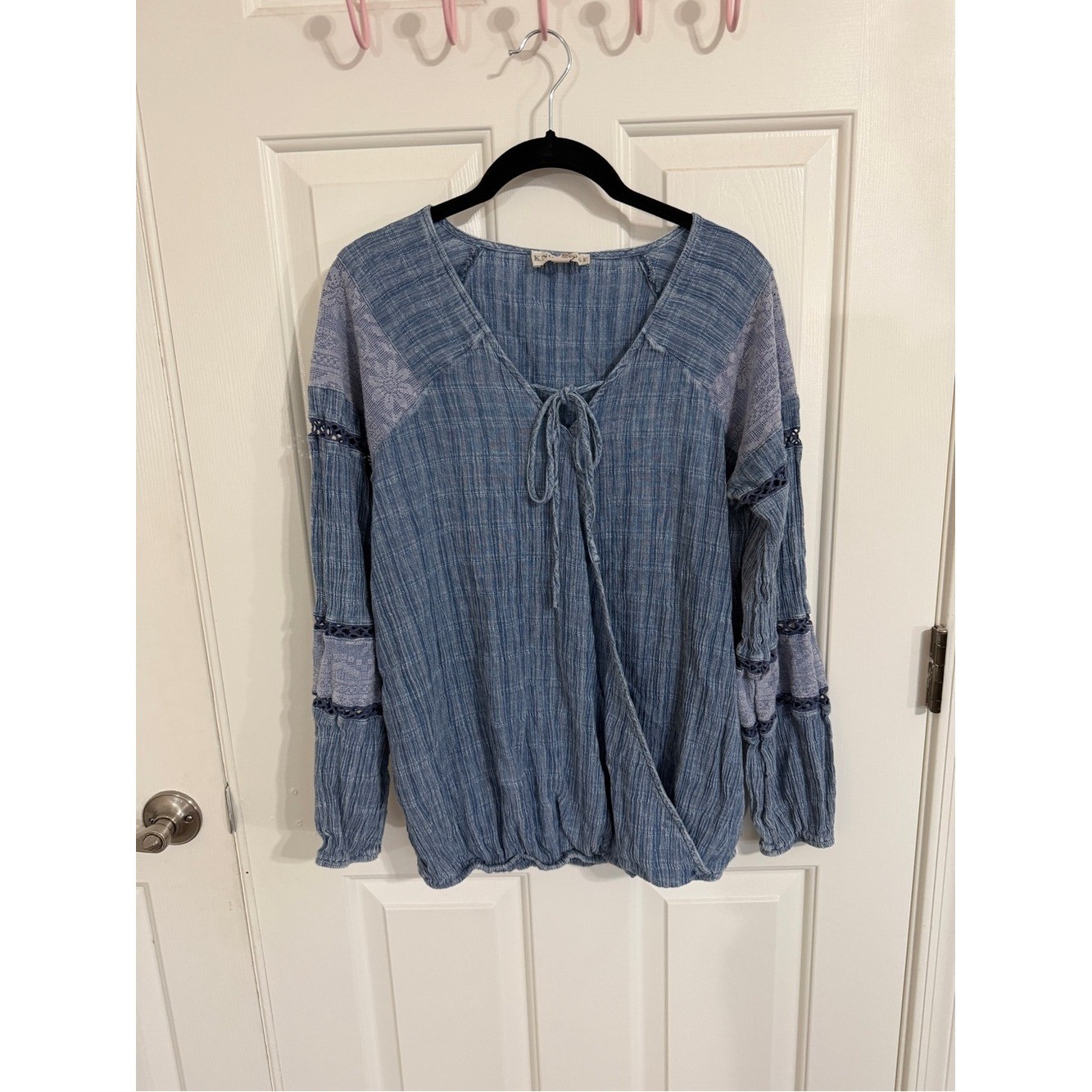Knox Rose L Light Blue Tie Neck Peasant Tunic Boho Textured Blouse