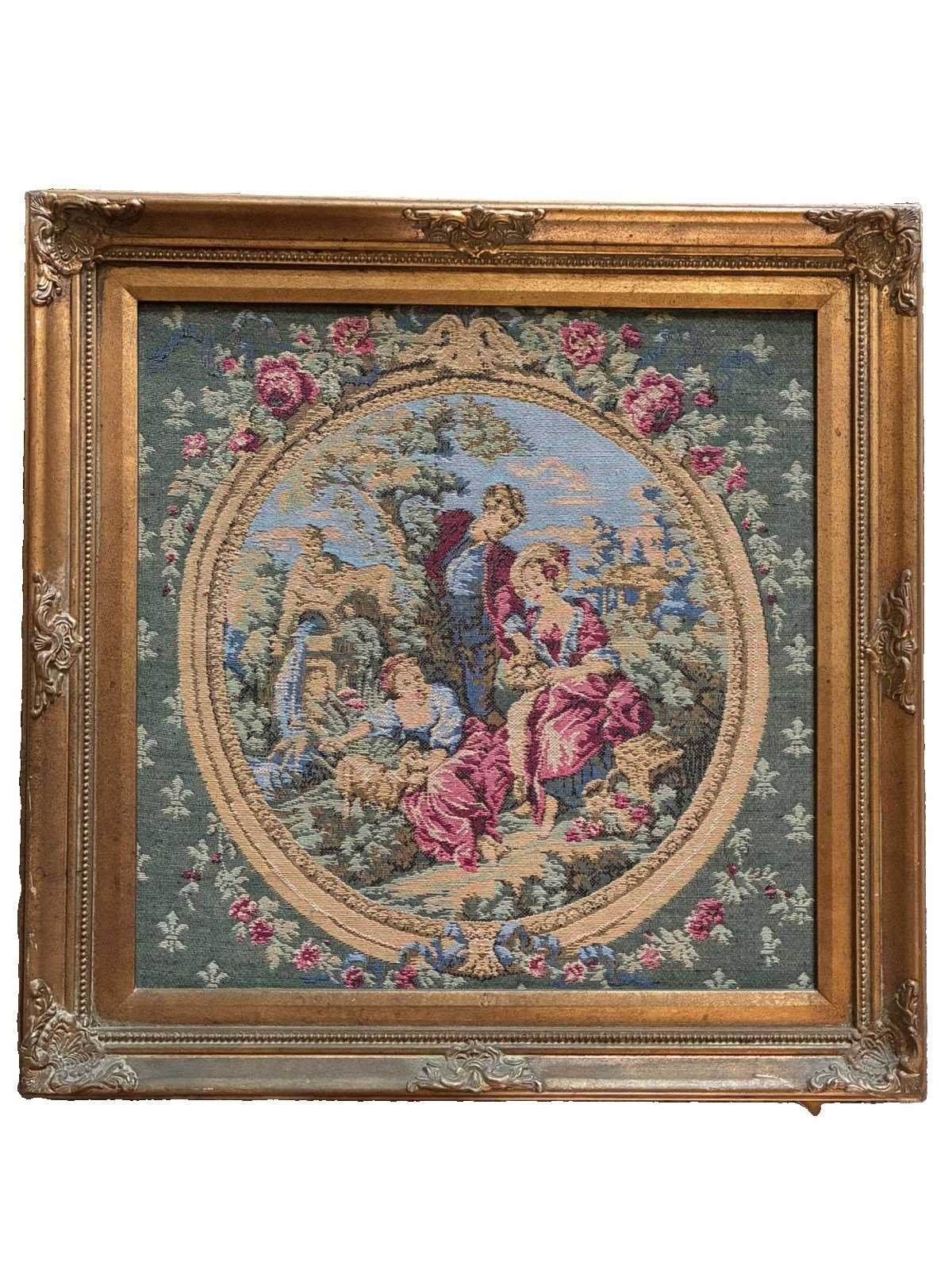 Antique framed tapestry French social scene gathering rococo NO GLASS Antique framed tapestry French social scene gathering rococo NO GLASS