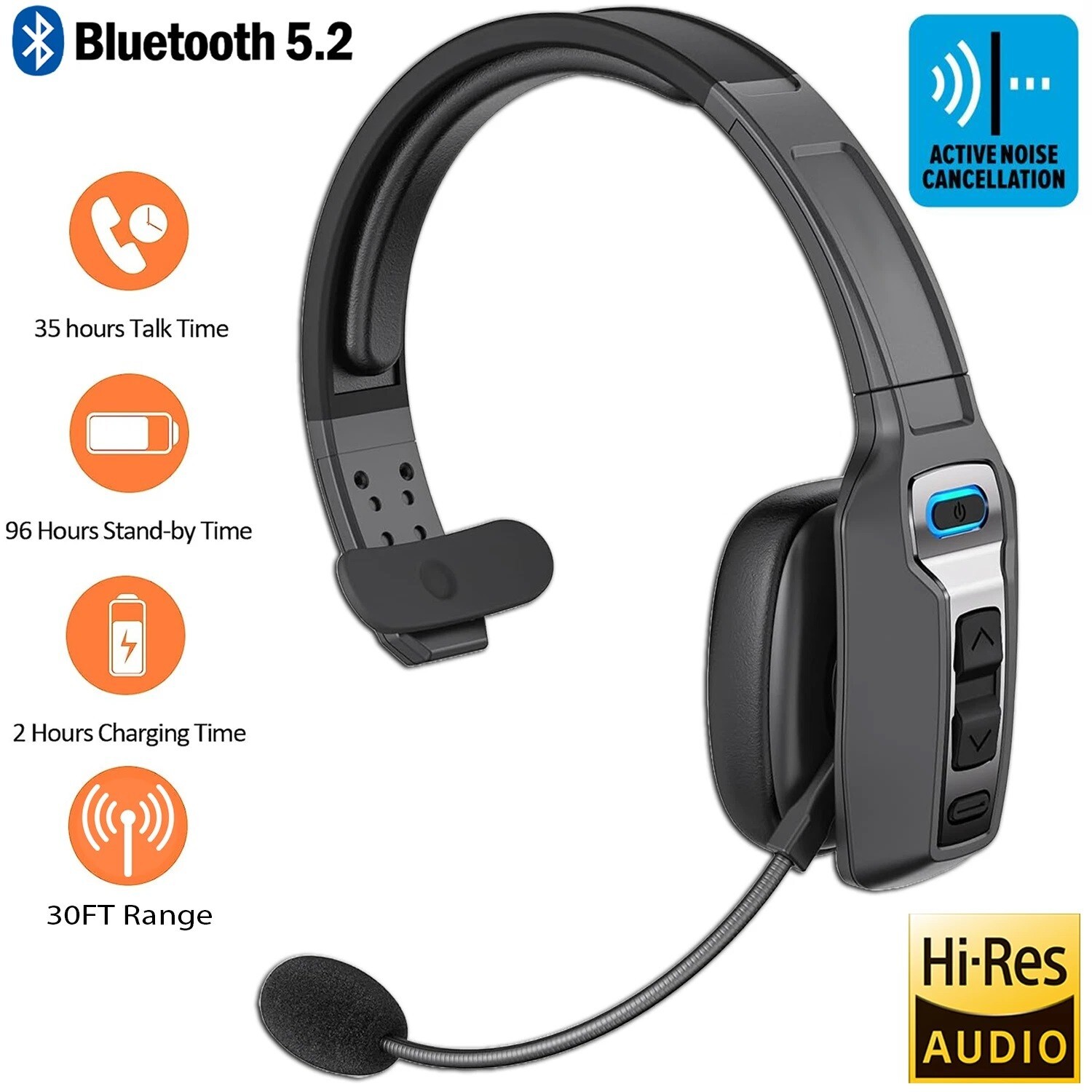 AI Trucker Headset Wireless Bluetooth 5.2 Noise Cancelling Mic For Phones PC US