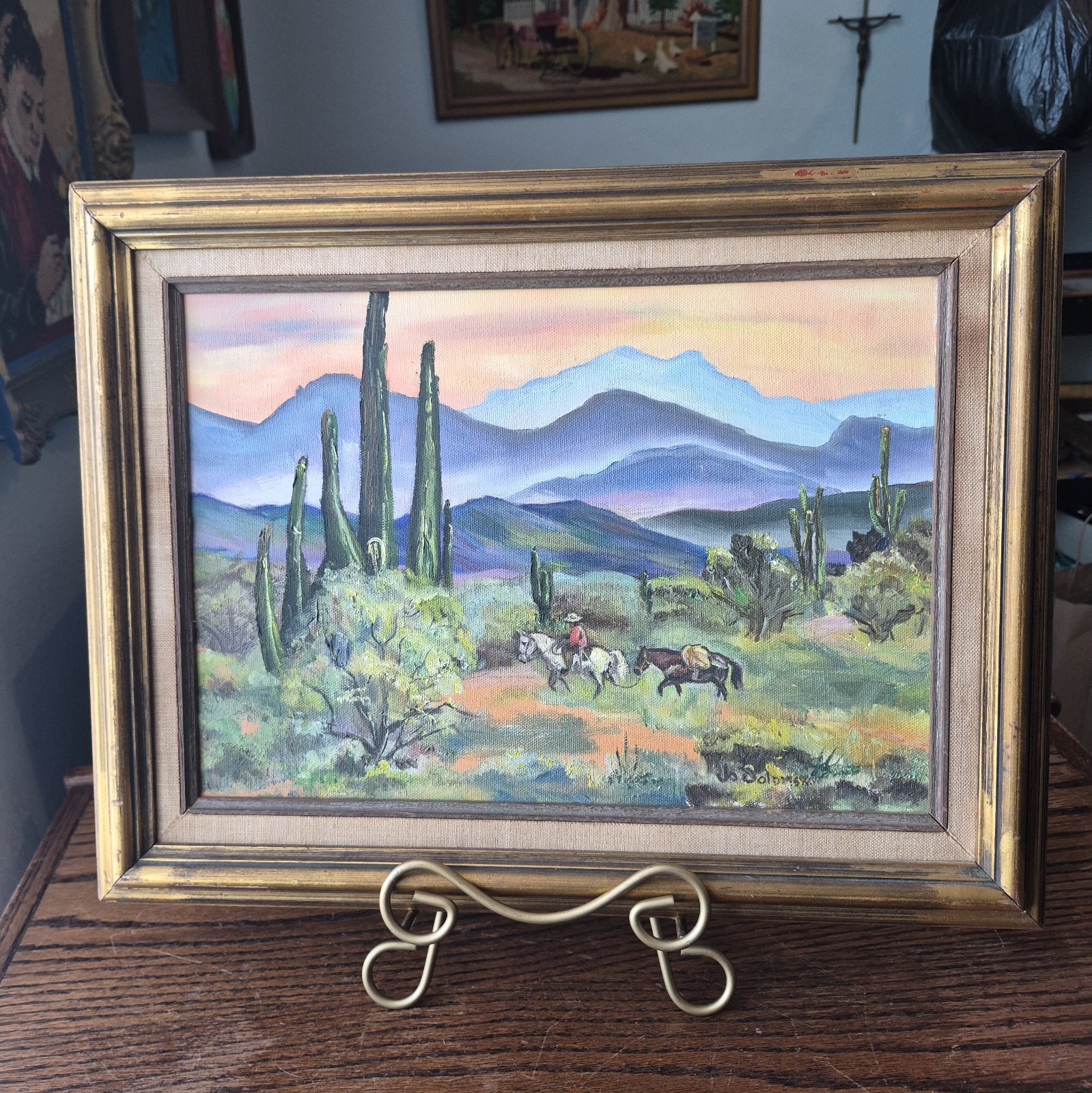 Vtg Desert Framed Landscape Painting Signed Original Saguero Cacti 10 x 14 horse