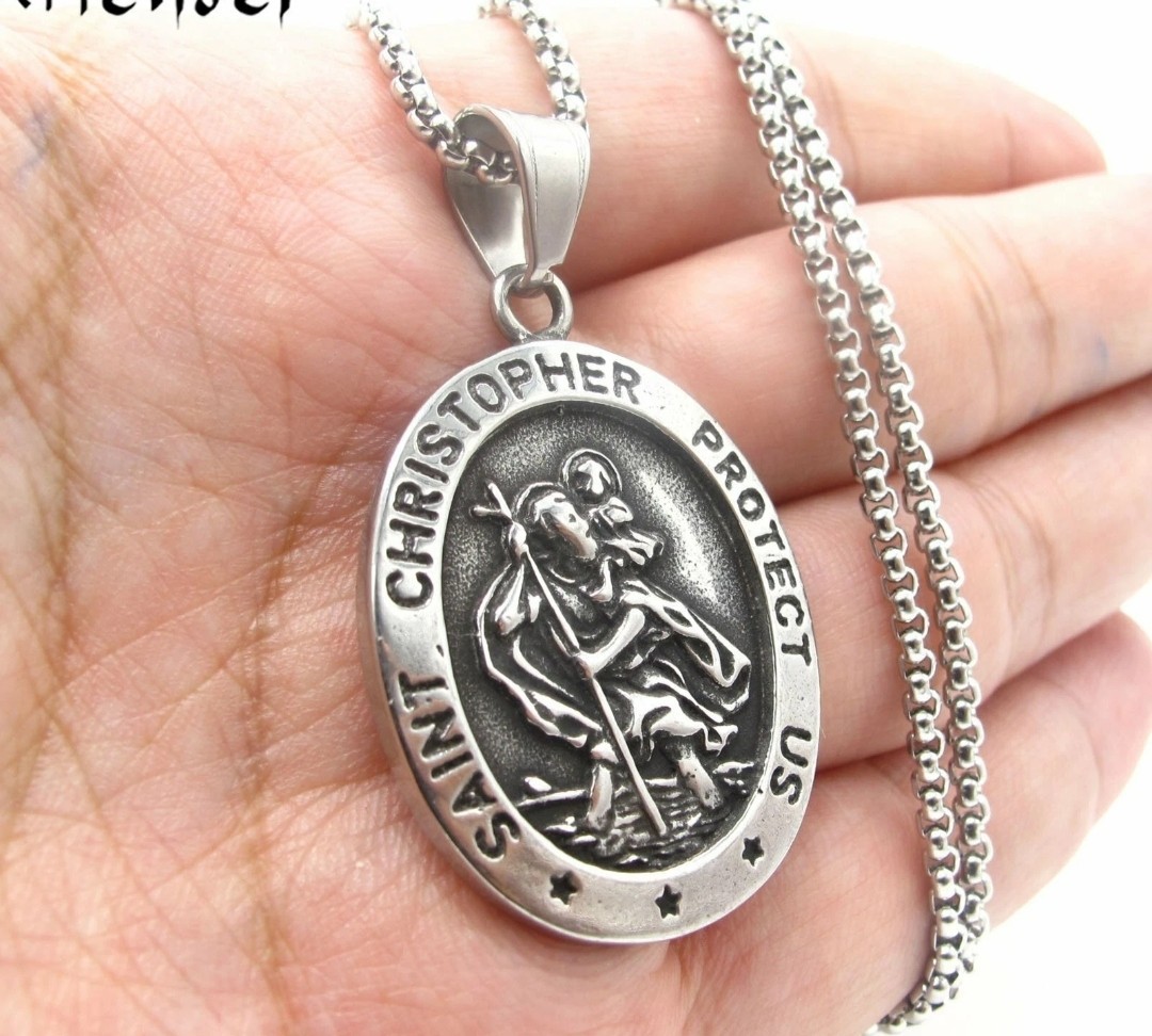 MENDEL Mens St Saint Christopher Medal Pendant Necklace Stainless Steel Amulet