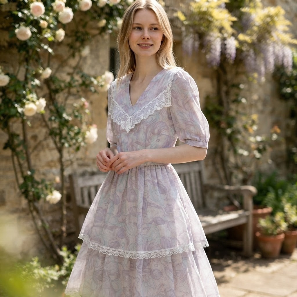 Gunne Sax Vintage 1970s Floral Lace Collar Dress Pastel Lavender Prairie Midi