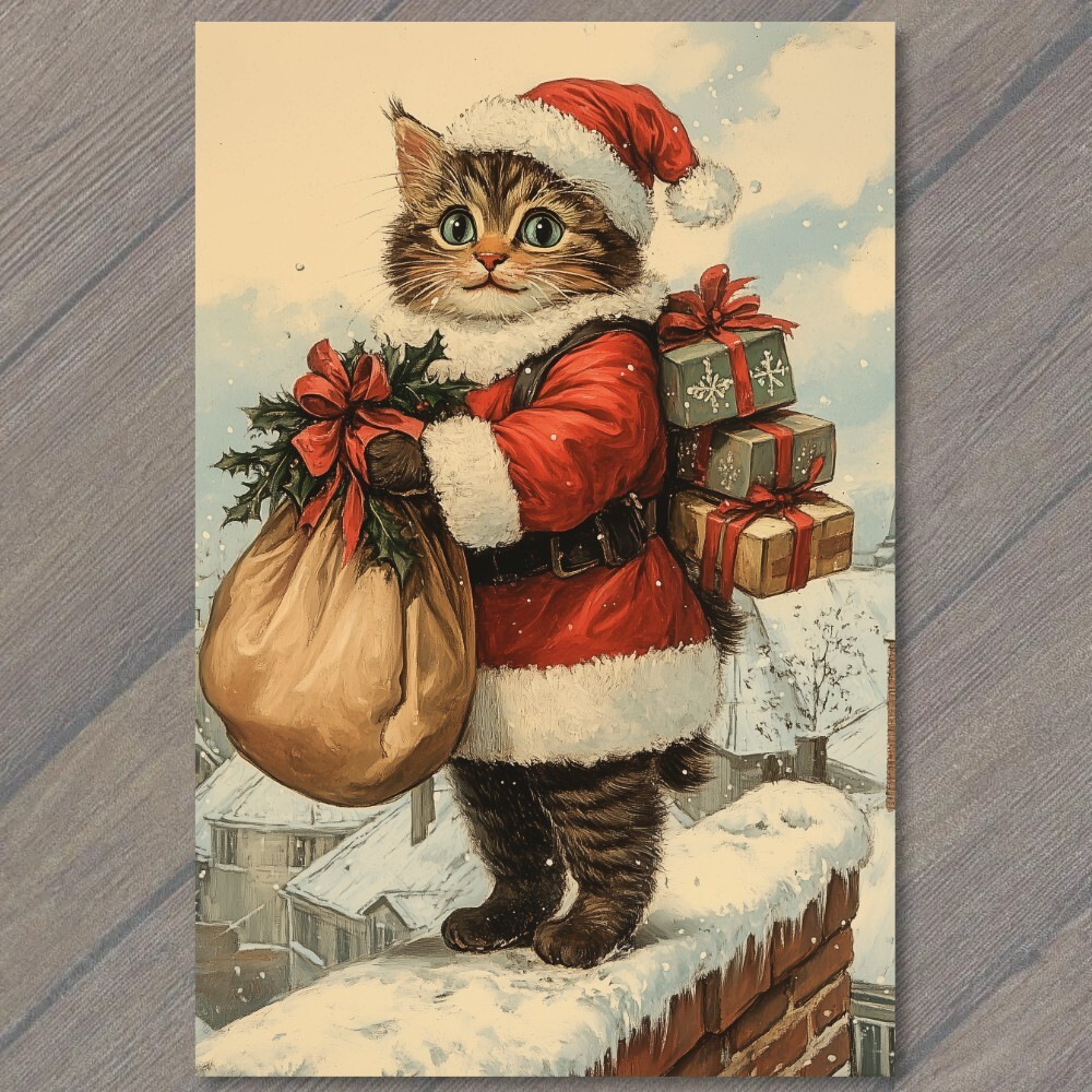 POSTCARD Cat Dressed Santa Sack Rooftop Holiday Christmas Presents Vintage Look POSTCARD Cat Dressed Santa Sack Rooftop Holiday Christmas Presents Vintage Look