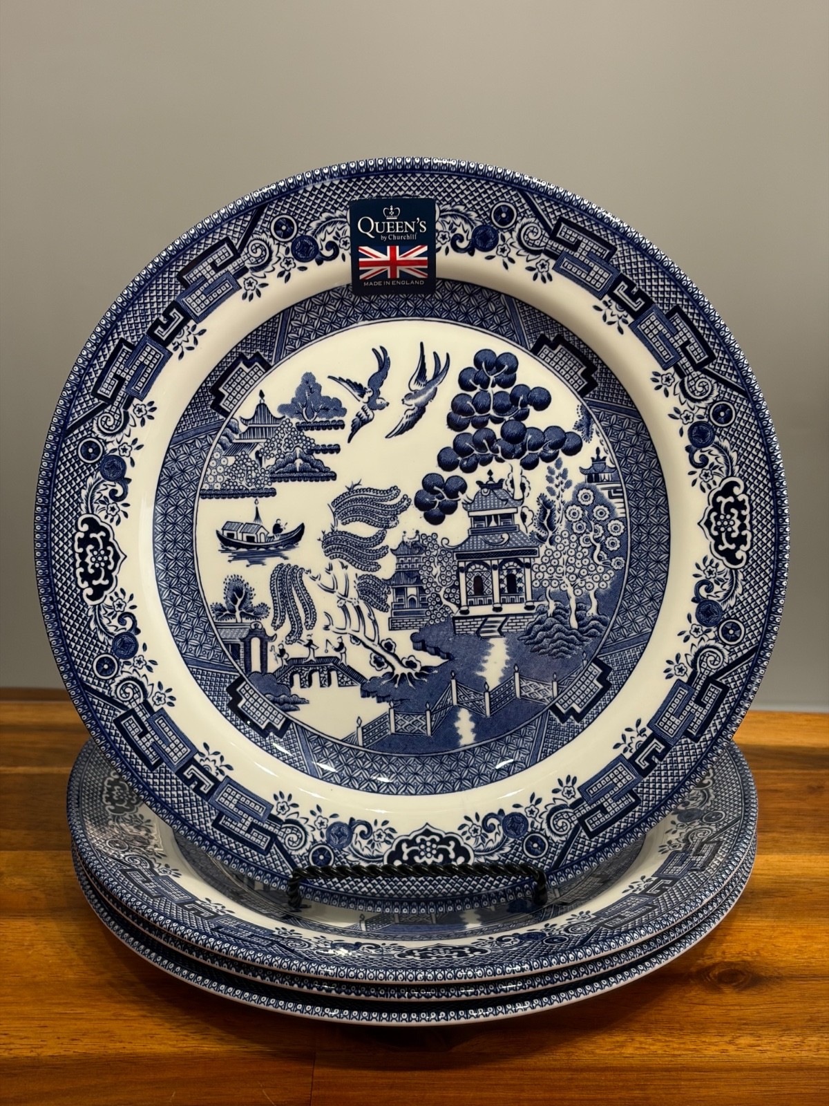 4pc Queen\'s Churchill ASIAN BLUE WILLOW DINNER PLATES 10.25\
