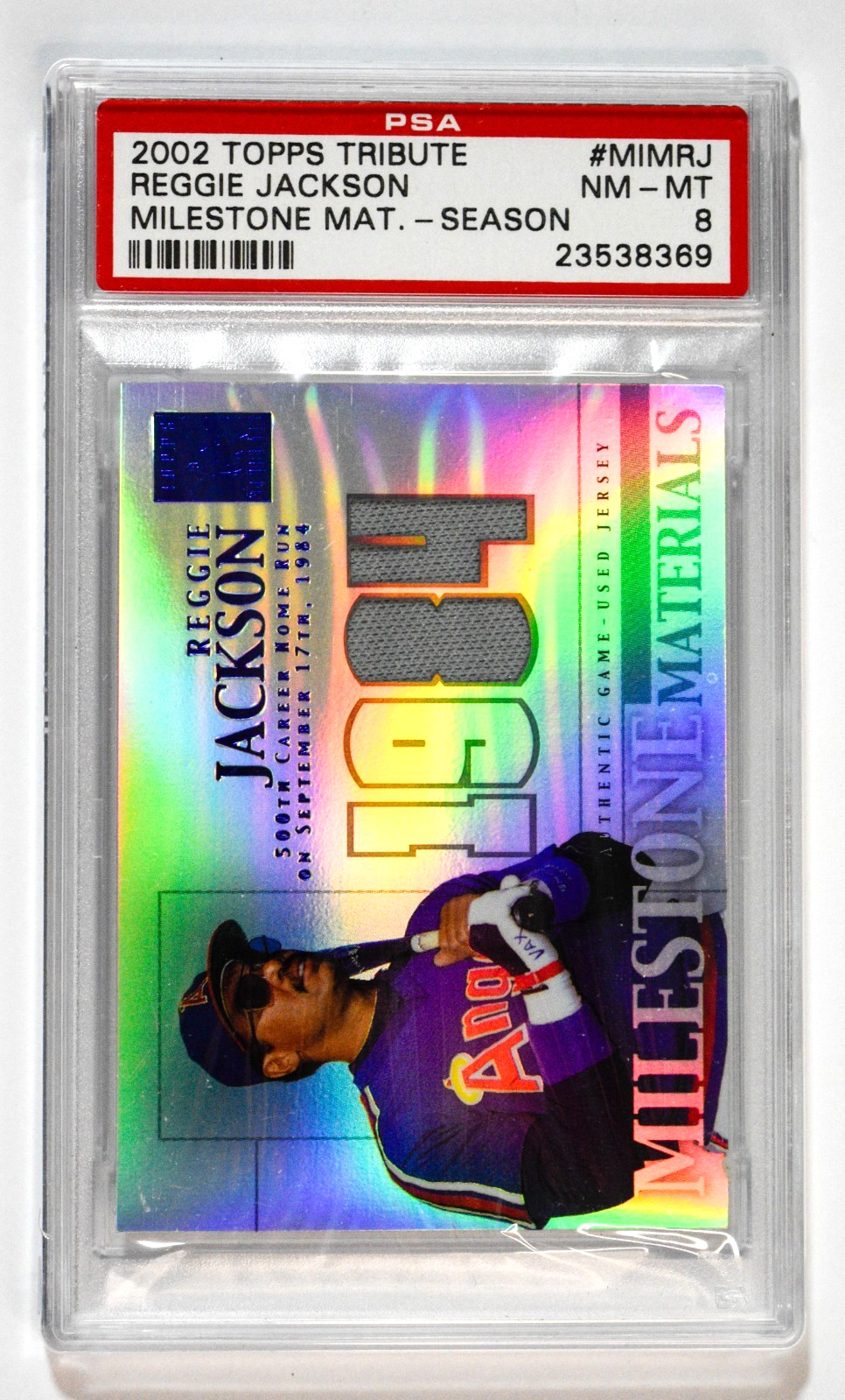 2002 Topps Tribute Milestone Reggie Jackson Game-Used Jersey /84 PSA 8 Angels 2002 Topps Tribute Milestone Reggie Jackson Game-Used Jersey /84 PSA 8 Angels