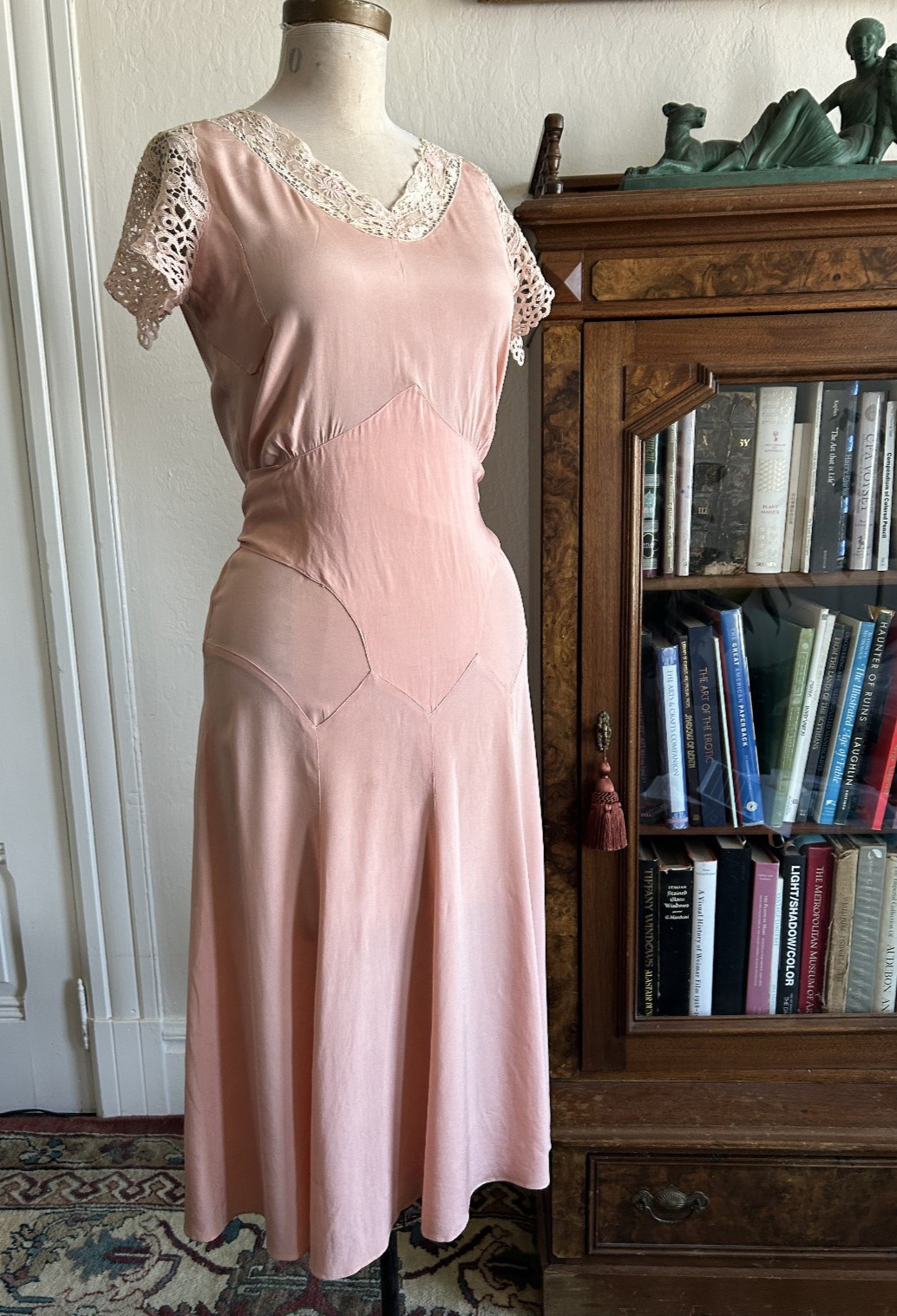 Vintage 1920s 1930s Pink Rayon Dress Lace Sleeve Bias Cut Art Deco Antique Small Vintage 1920s 1930s Pink Rayon Dress Lace Sleeve Bias Cut Art Deco Antique Small