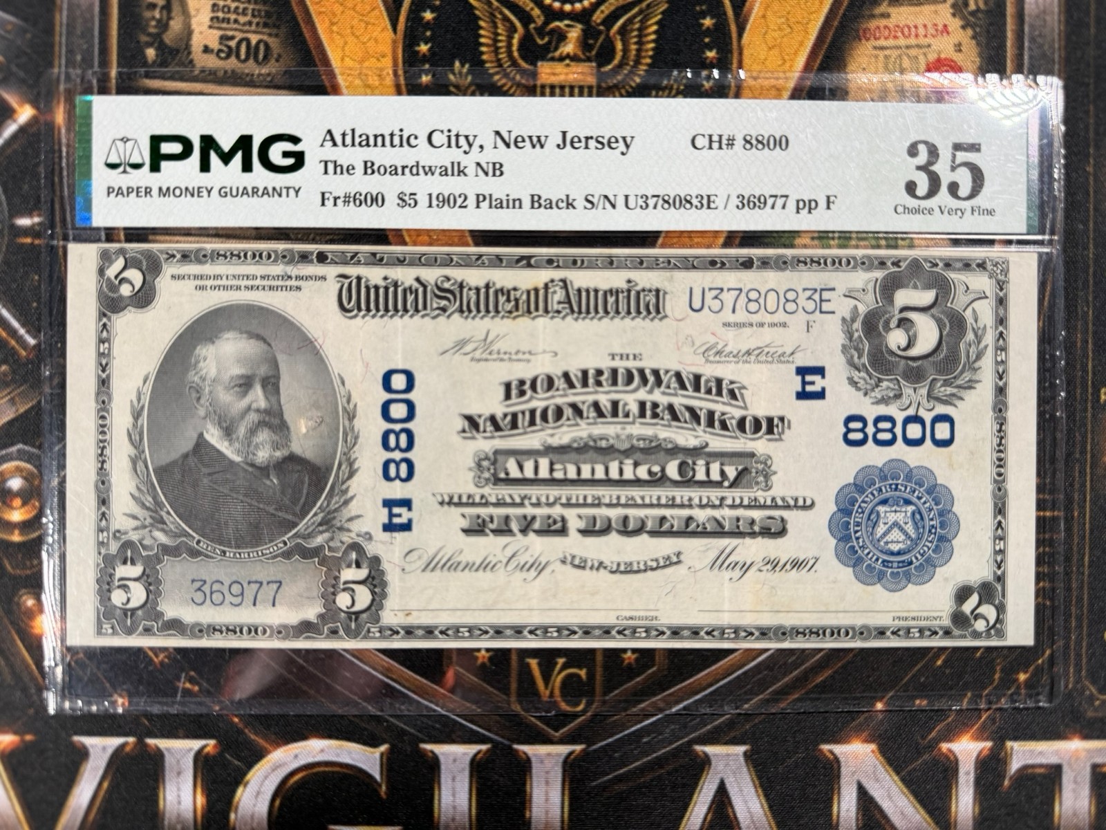 1902 $5 PLAIN BACK - FR#600 - ATLANTIC CITY - PMG35 CHOICE VF 1902 $5 PLAIN BACK - FR#600 - ATLANTIC CITY - PMG35 CHOICE VF