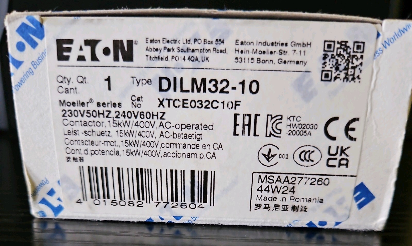 Eaton Moeller DILM32-10 Contactor XTCE032C10F 230V 50Hz / 240V 60Hz 3P Eaton Moeller DILM32-10 Contactor XTCE032C10F 230V 50Hz / 240V 60Hz 3P