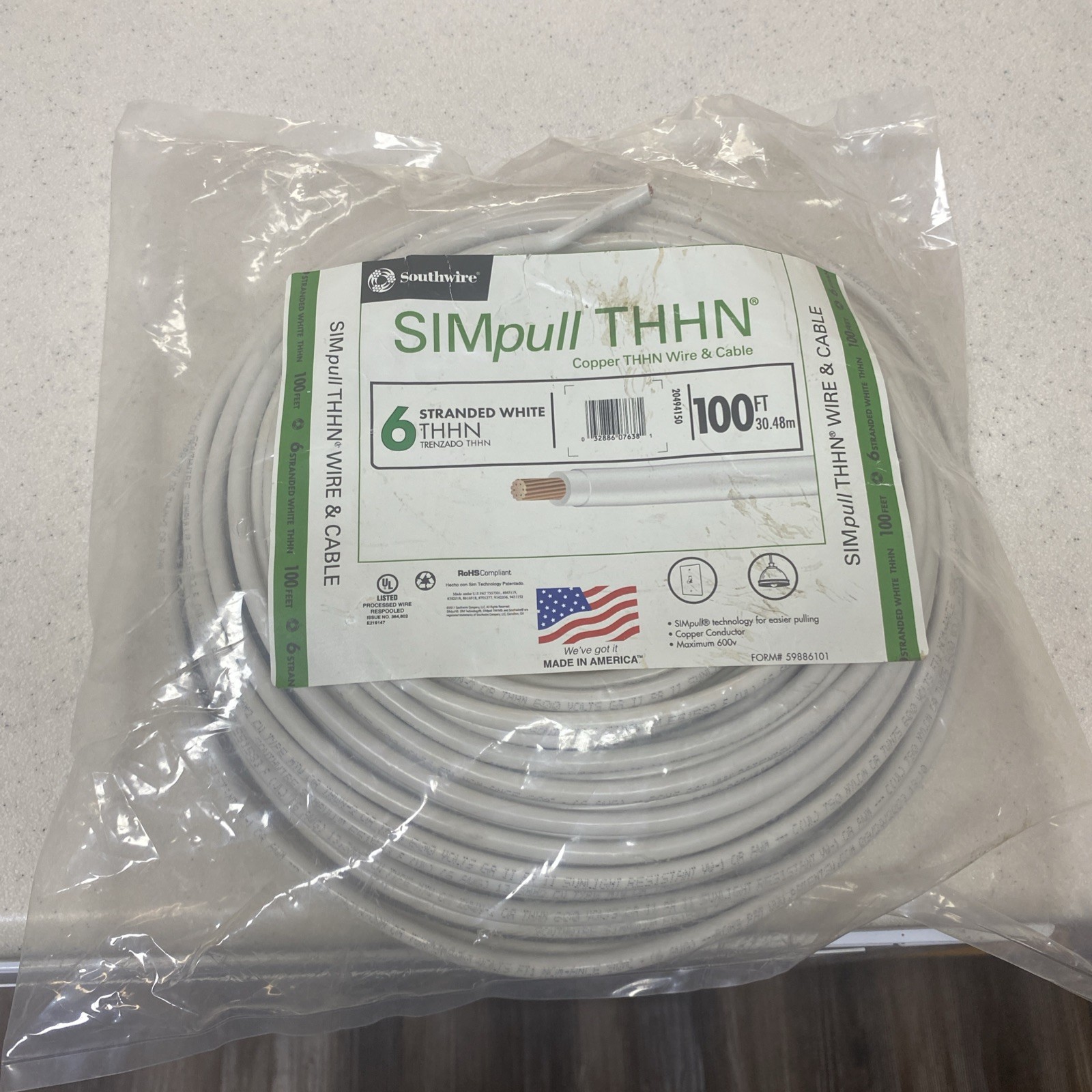 New Southwire 100 ft. 6 Gauge White Stranded Copper SIMpull THHN Wire ** New Southwire 100 ft. 6 Gauge White Stranded Copper SIMpull THHN Wire **