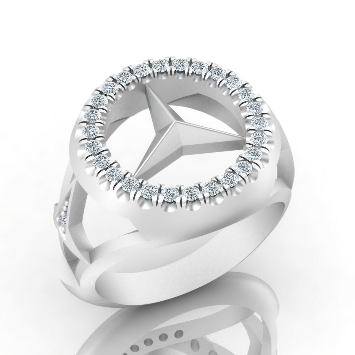 0.5 Ct Round Diamond Mercedes Benz Logo Biker Men Ring 14K White Gold Finish