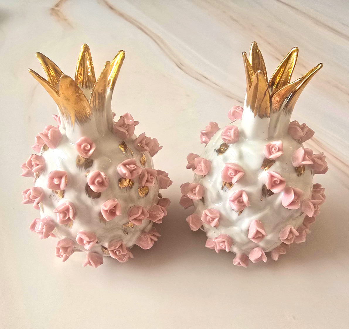 Vintage Lefton Japan Pink Rose Pineapple Salt Pepper Shakers KW3053 Gold Trim Vintage Lefton Japan Pink Rose Pineapple Salt Pepper Shakers KW3053 Gold Trim