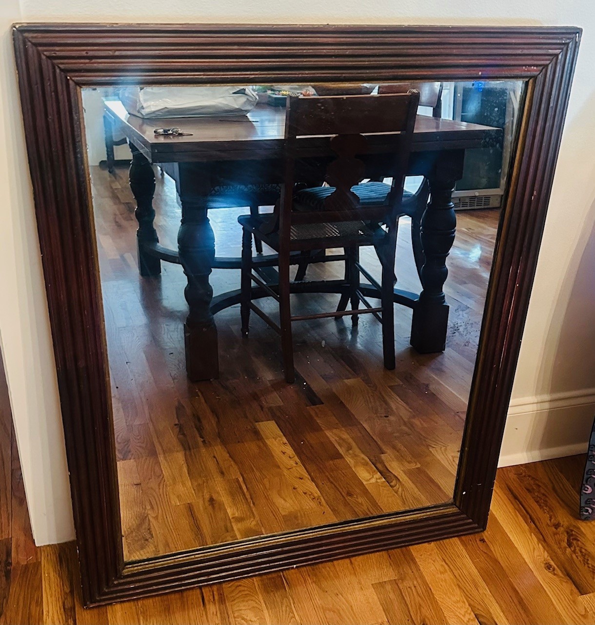 Antique 19th c French Reeded Wood Framed Wall Mirror w Gilt Liner - 33.75 x 41 Antique 19th c French Reeded Wood Framed Wall Mirror w Gilt Liner - 33.75 x 41