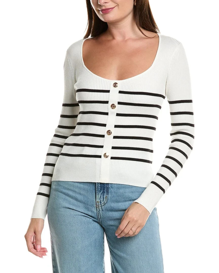 NWT T Tahari White Pullover Navy Striped Wide Neck Sweater Gold Buttons $78 XS