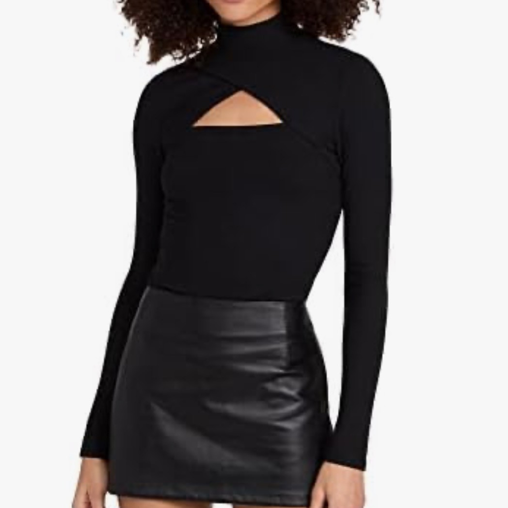 Paige Sonata Top Black Rib Knit Cross Cutout Long Sleeve Mock Neck Shirt Black L Paige Sonata Top Black Rib Knit Cross Cutout Long Sleeve Mock Neck Shirt Black L