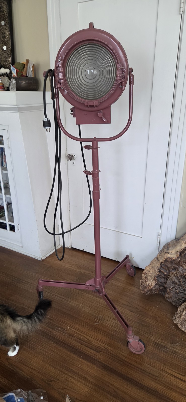 Vintage Mole Richardson Incandescent Stage Spotlight on Wheeled Stand, Red,Tilt