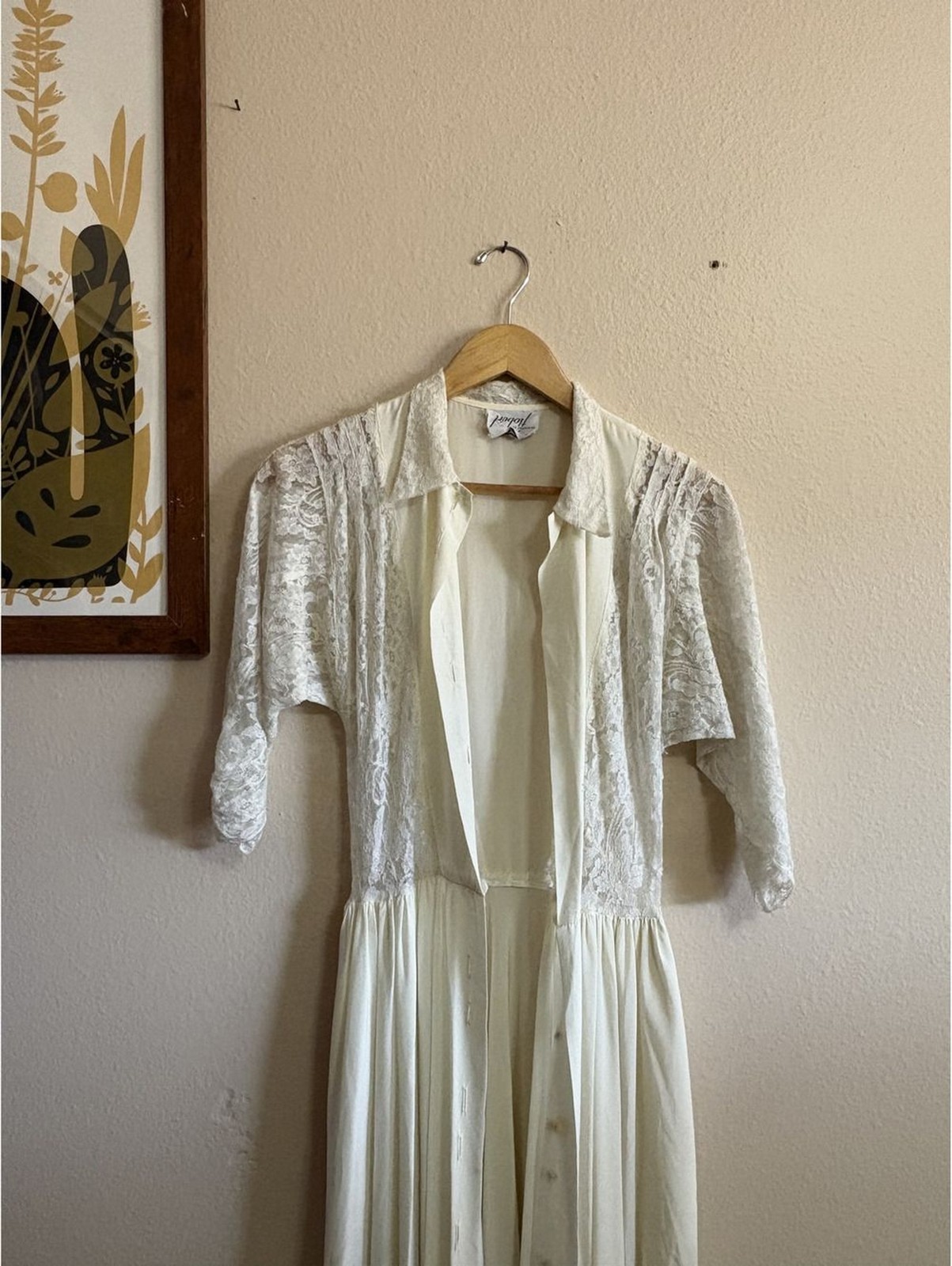 Vintage 1940s Flobert Ivory Hostess Gown Maxi Dress Lace Panels Button Front XS