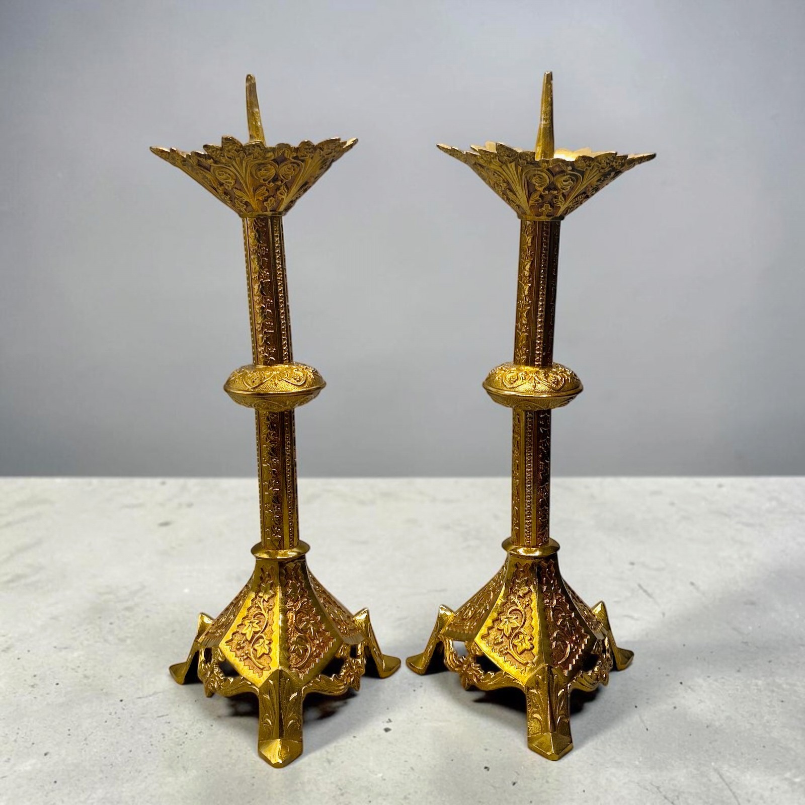 Pair of Antique French Ornate Brass Pricket Candlesticks Gothic Revival c. 1900