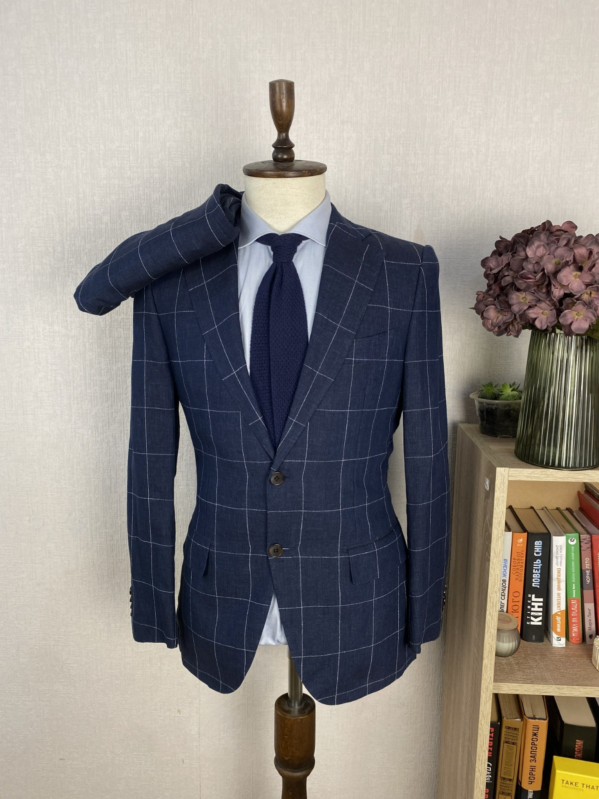 Suitsupply Blue White Windowpane Ormezzano Linen Slim Lazio Suit 36 W33 L30